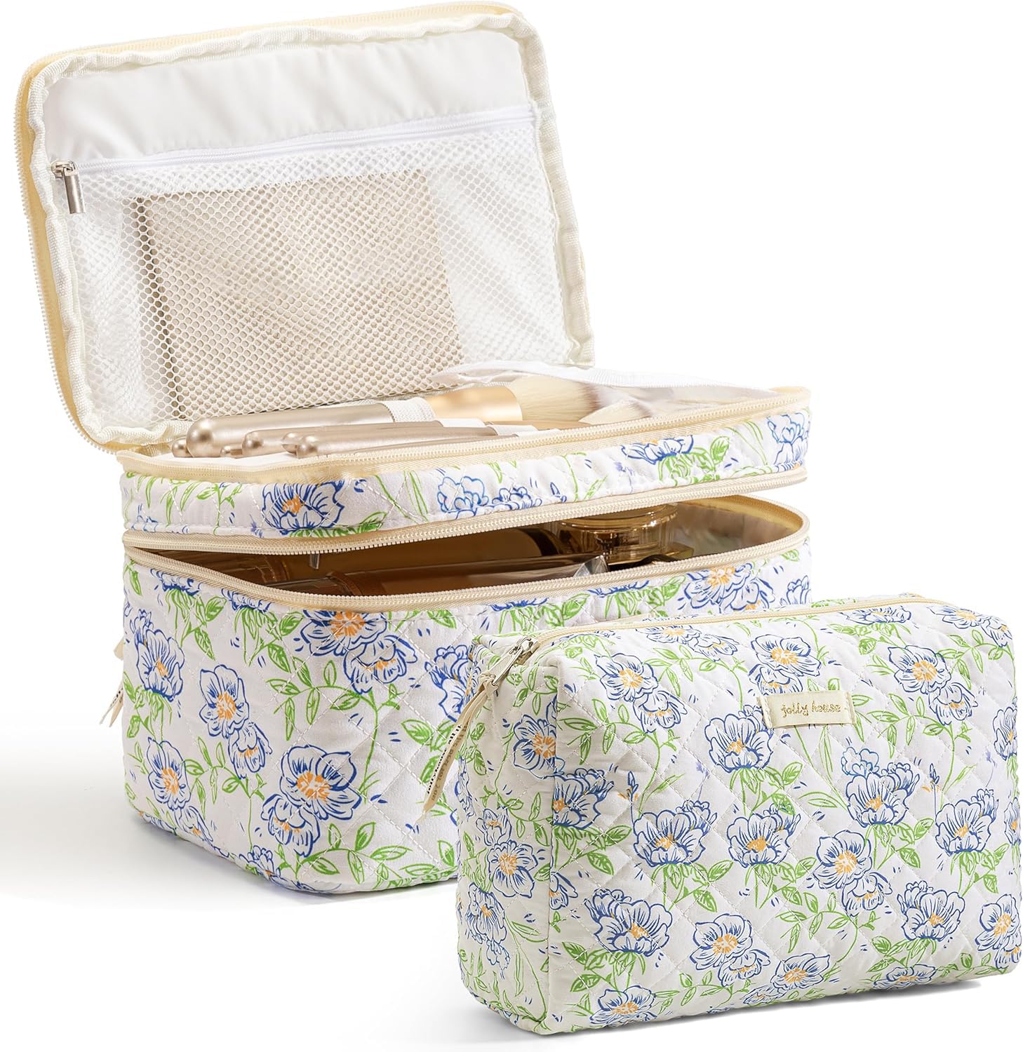 HBselect 2Pcs Travel Makeup Bag, Large Cotton Quilted Makeup Bag Cosmetic Bag Cute Make up Bag Toiletry Bags for Women Girls