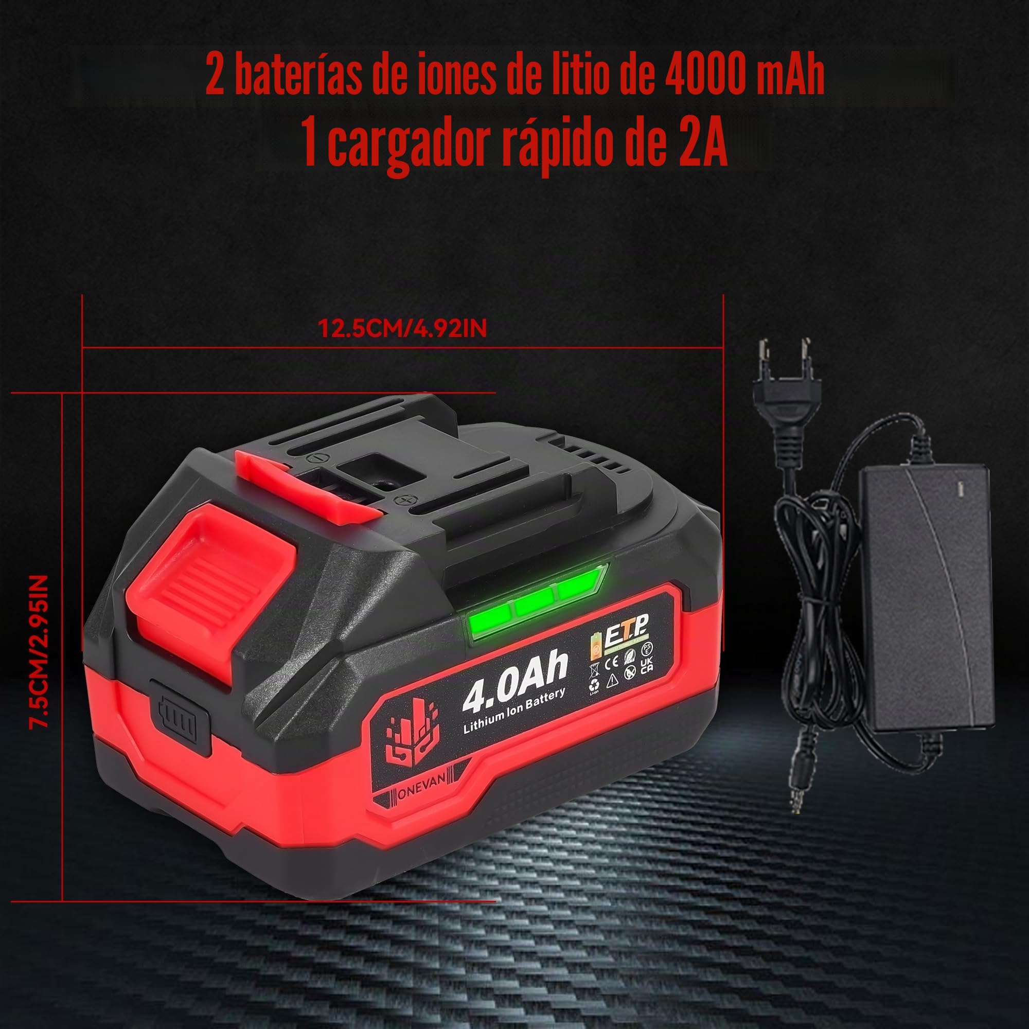 ONEVAN 20 V baterías, 2 baterías de Litio de 4000 mAh con Cargador rápido de 1,2 A, protección de Seguridad quíntuple, indicador de batería, batería de Repuesto para Herramientas ONEVAN de 20 V