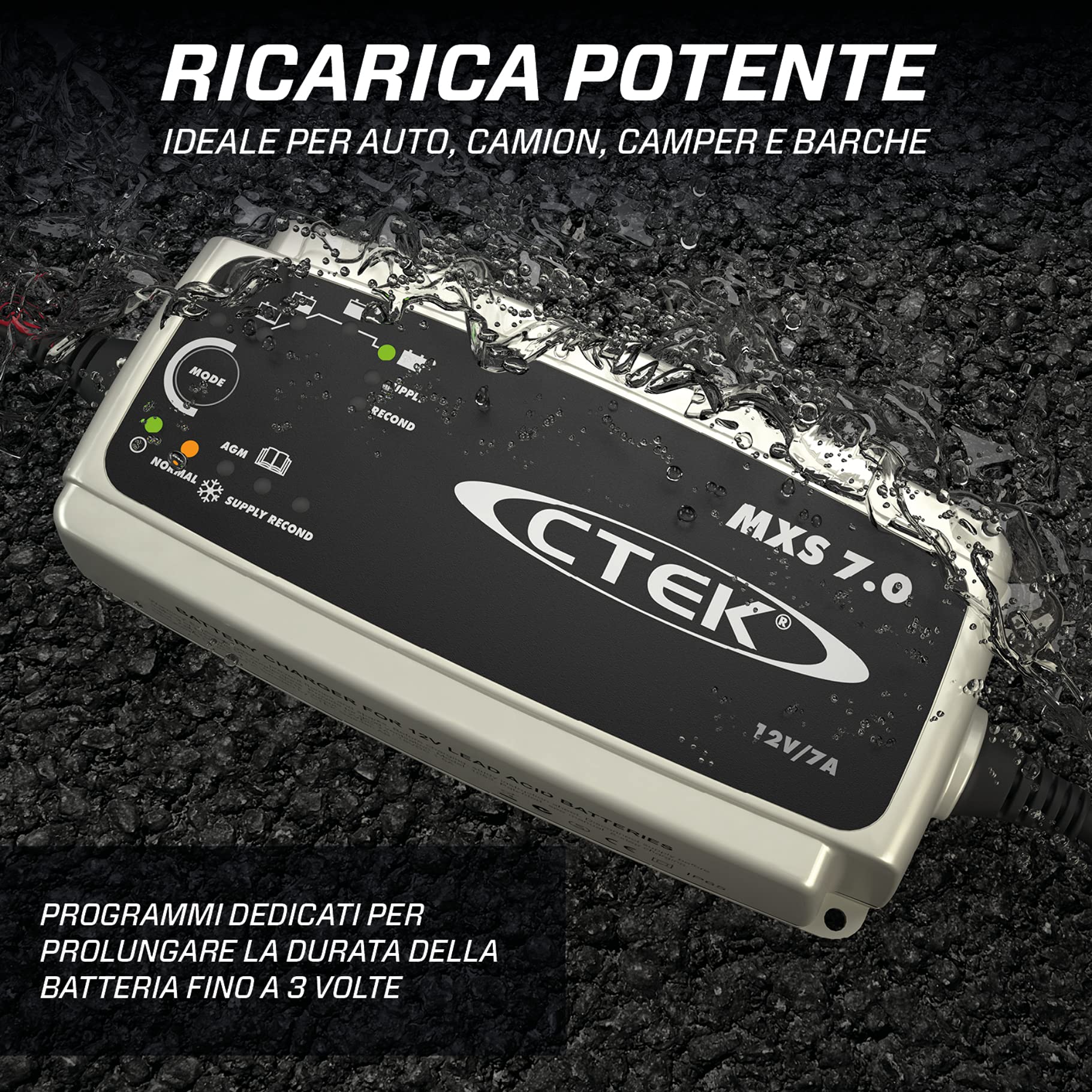 CTEK MXS 7.0 Caricabatterie 12V 7A per Batterie di Veicoli più Grandi, Caricabatterie Auto, Roulotte, Barca E Caravan, Desolfatore con Funzione di Alimentazione E Opzione AGM Dedicata