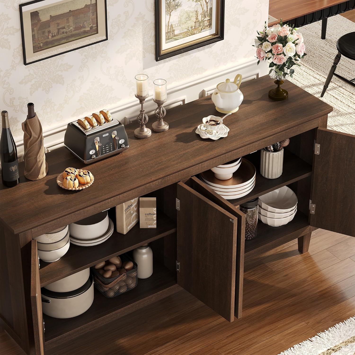 60" Mid Century Sideboard Cabinet with 4 Doors,Solid Wood Storage Buffet Cabinet& Coffee Station,Organization Console for Dining Room & Living Room