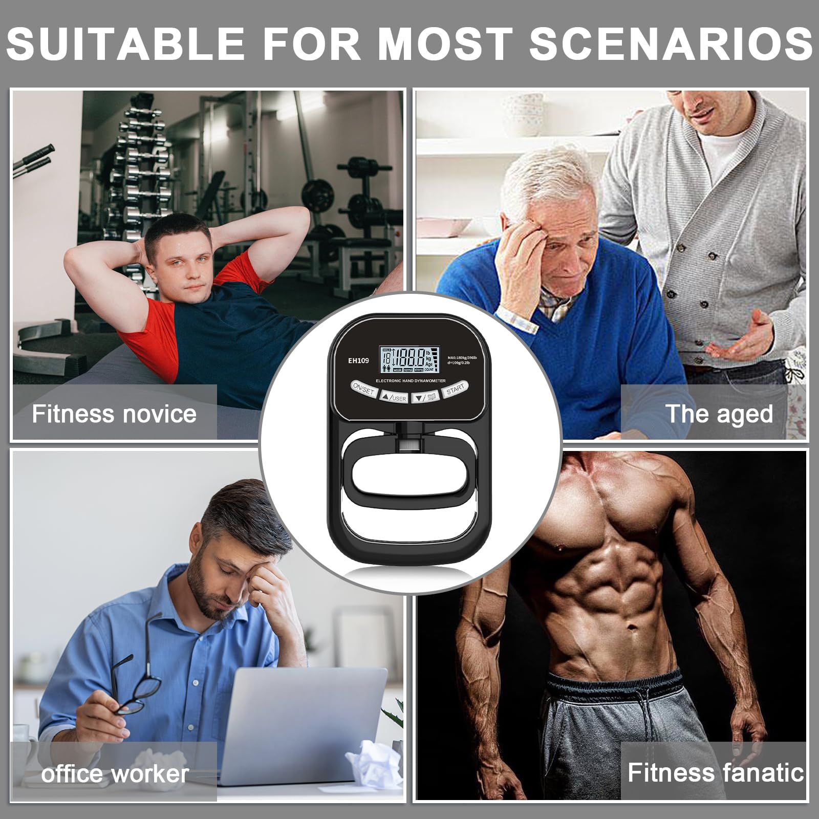 Dynamómetro digital de mano de 180 kg/396 lb, medidor de fuerza de agarre con cable de carga USB, indicador LED, entrenador de fuerza de agarre, color negro