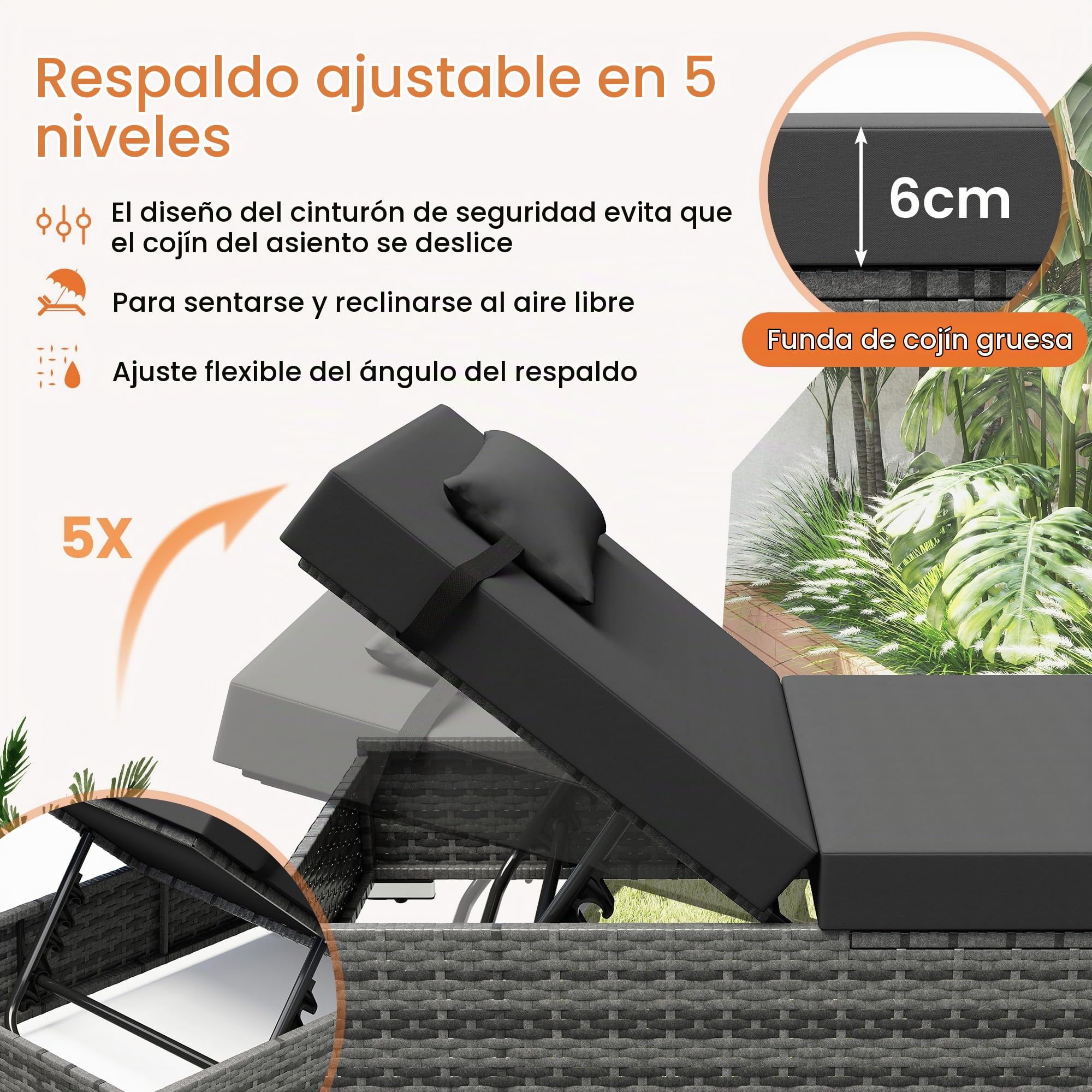 UDPATIO Set de 2 Tumbonas de Ratán, Respaldo 5 Posiciones + Mesa Jardín, Poliratán Tumbonas Jardin Exterior Impermeables, para Jardín, Exterior y Patio, Ratán Gris y Cojín Gris