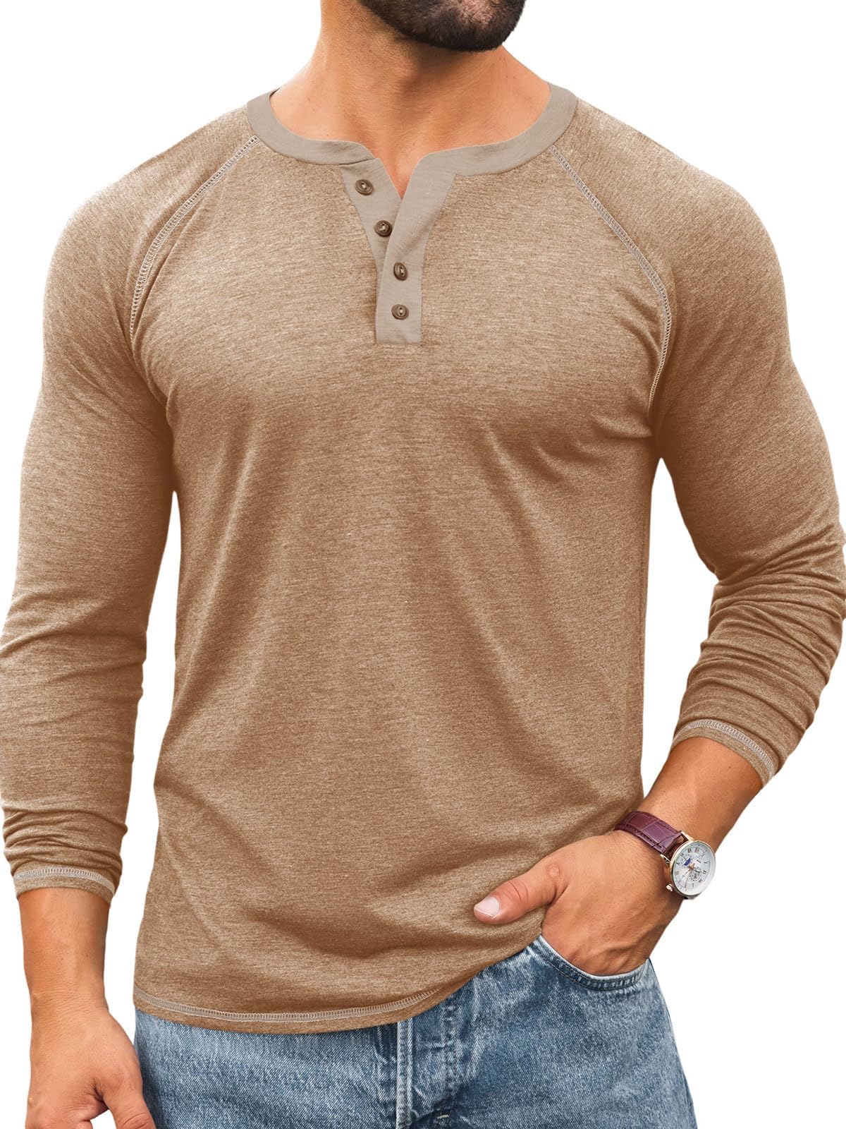 Mens Henley Shirts Long Sleeve Casual Basic T Shirts Button Vintage Lightweight Cotton Tee Tops