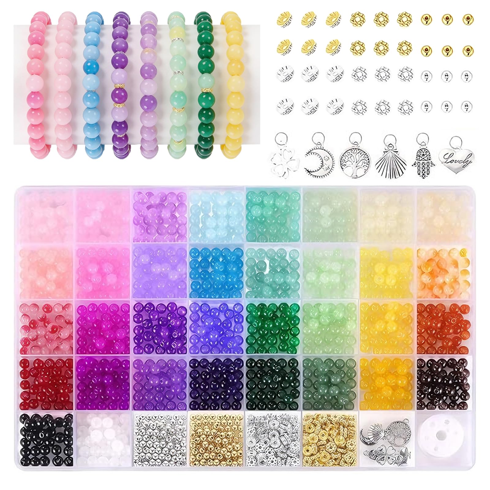 1400Pcs Round Glass Beads for Bracelet Making Kit, 34 Colors 6mm Crystal Gemstone Imitative Jade Bead for Jewellery Making Bracelet Necklace Phone Lanyard DIY Crafts