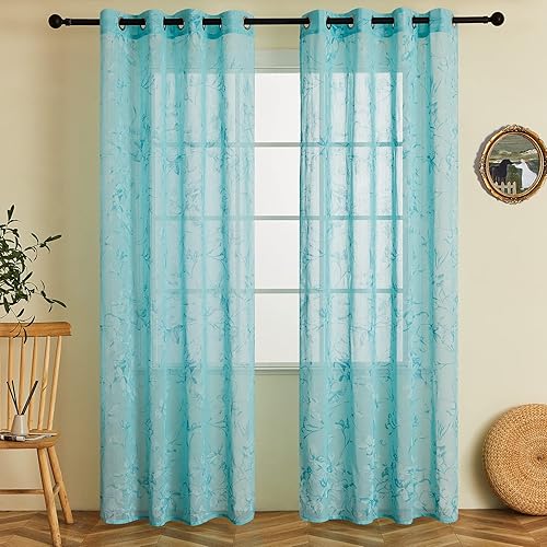 Topfinel Juego de 2 paneles de cortinas traslúcidas de lino verde azulado de 84 pulgadas de largo, cortinas transparentes con ojales para sala de