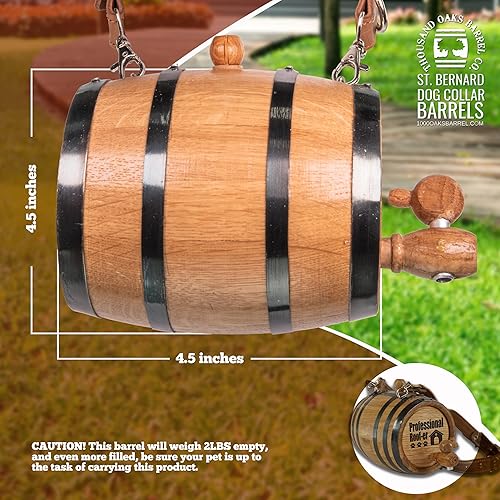 Vista 95 de St Bernard - Collar de barril de whisky para perro, Pooch Hooch' - Dispensador de barril de roble de 1/2 litro para perros San Bernardo con correa