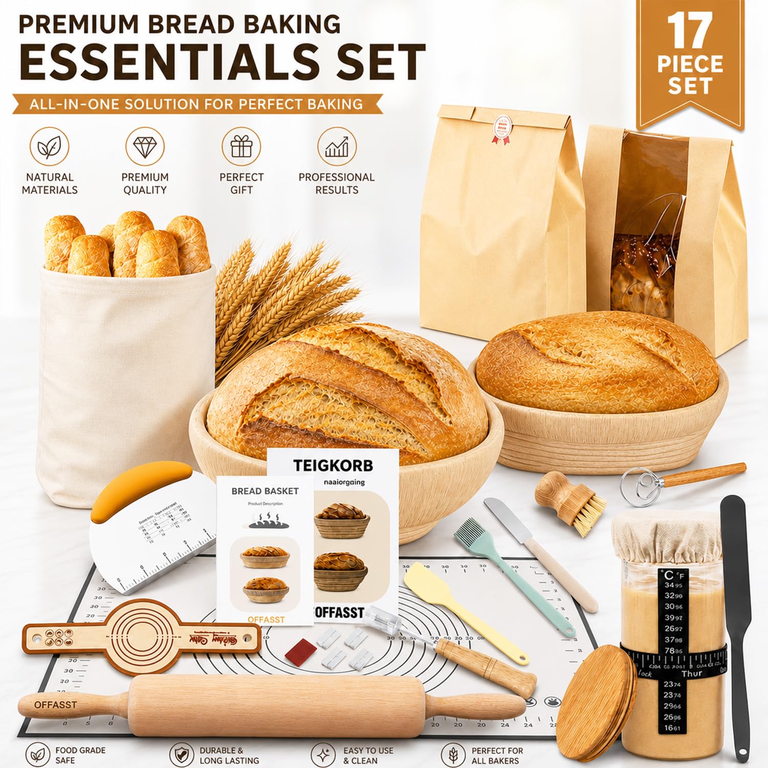 Sauerteig Starter Set mit Gärkörbchen (2 Stück, 25cm), Gärkorb Brot Brotbackzubehör Mit Sauerteig Starterglas, Sauerteigbrot Starter Set, Komplettes Brotbackset für Anfänger & Bäcker