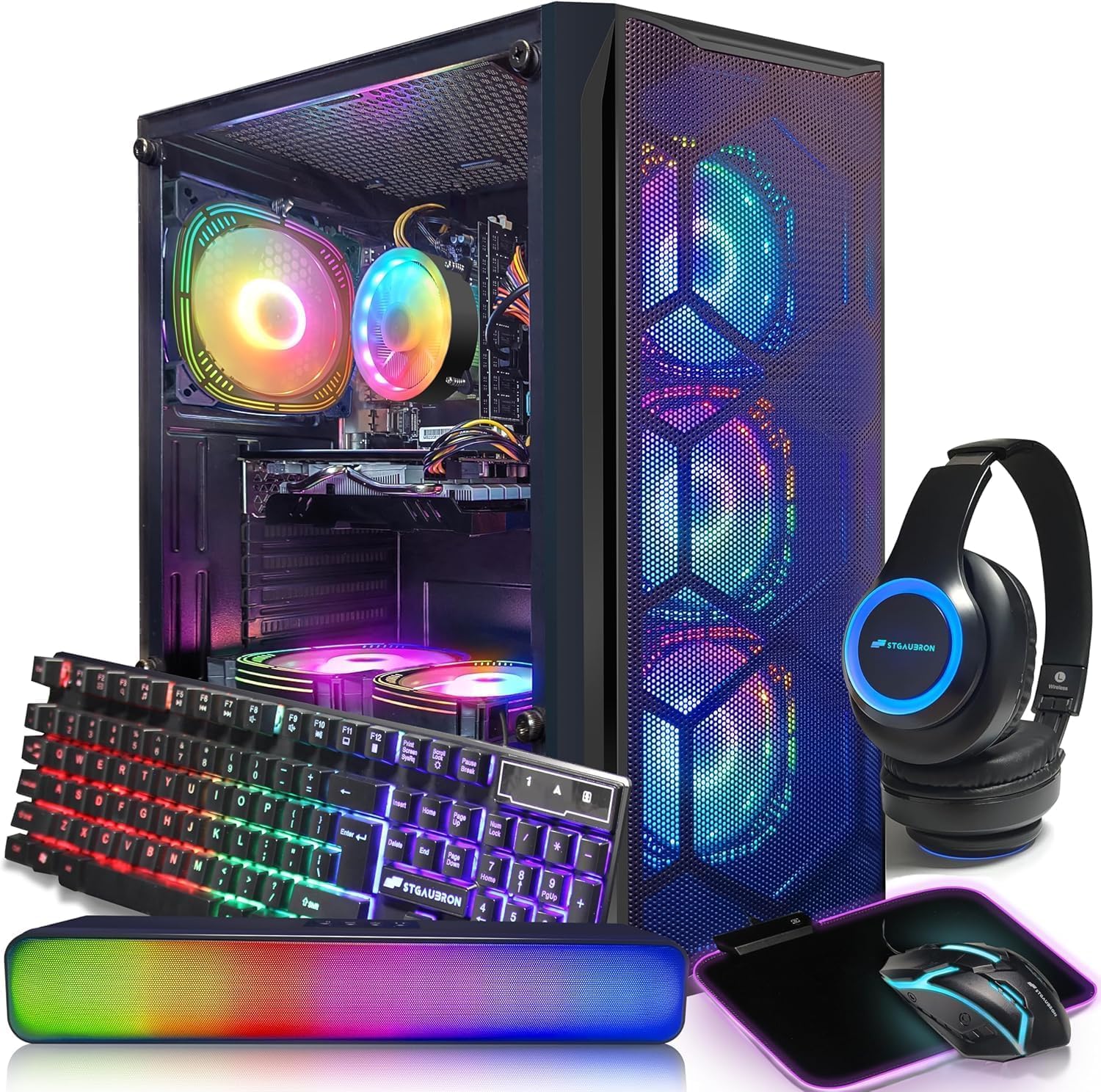 STGAubron Gaming PC Desktop, Intel Core i7 up to 3.9G, Radeon RX 580 8G, 16G RAM, 1T SSD, WiFi, BT 5.0, RGB Fan x6, RGB BT Sound bar & Headphone, Windows 11 Home