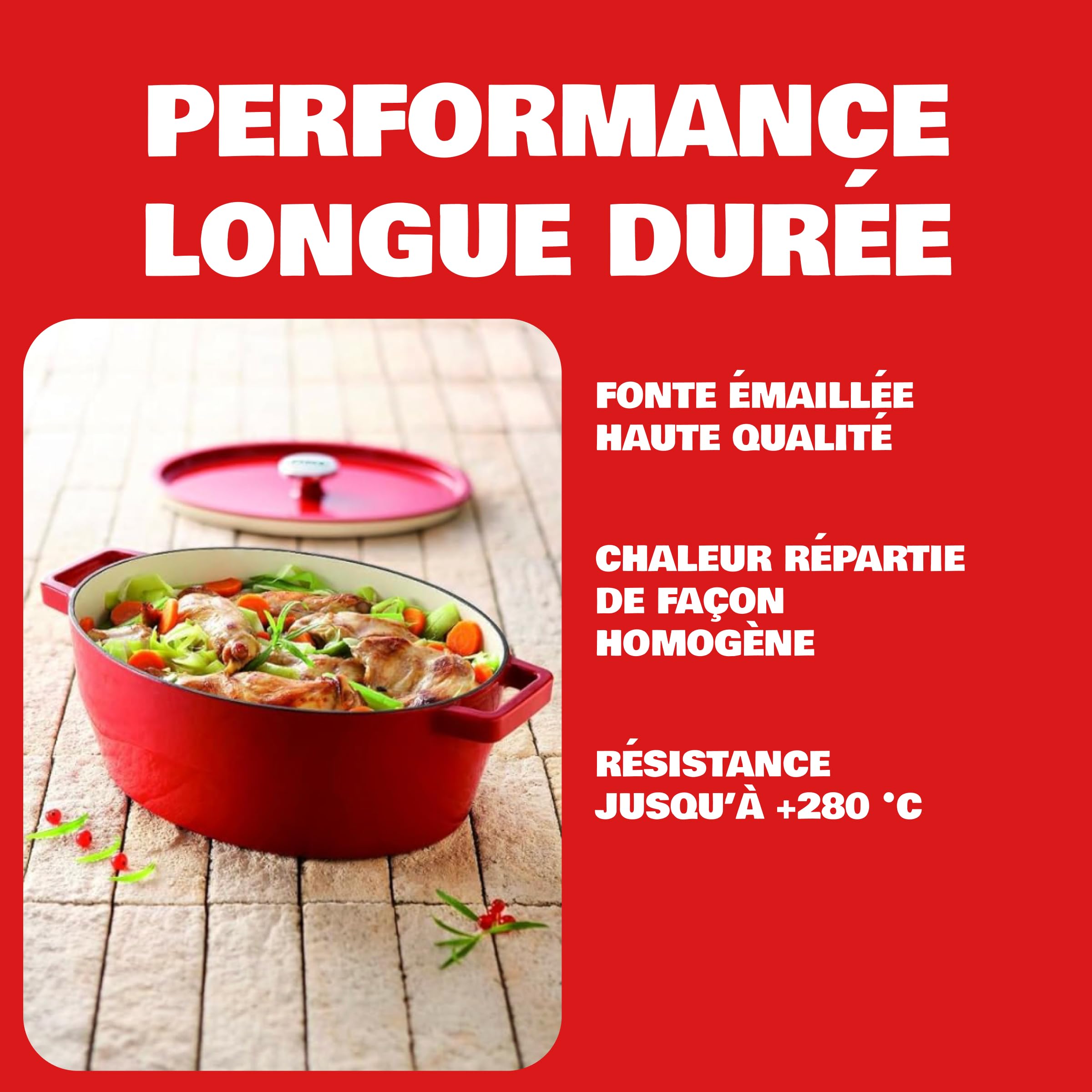 Pyrex - Cocotte En Fonte Ovale Rouge 29 cm - Cocotte avec Couvercle à Arrosage Intégré - Fonte émaillée Hautement Résistante - Polyvalente et Compatible Tous Feux - Ustensile de Cuisine - SlowCook