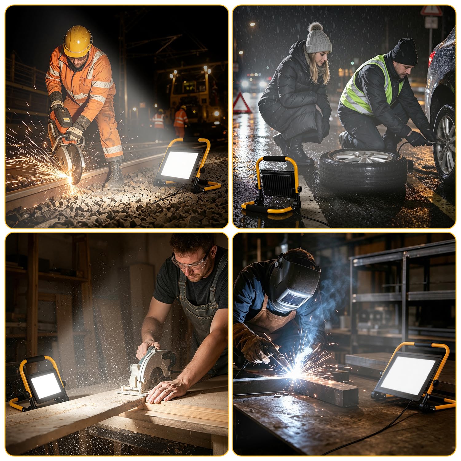 Focos LED de construcción, 4 unidades, 100 W, 6500 K, luz blanca fría, 8000 lm, cable de 3 m | IP66 resistente al agua con soporte plegable, luz de trabajo portátil superbrillante para taller, construcción, garaje