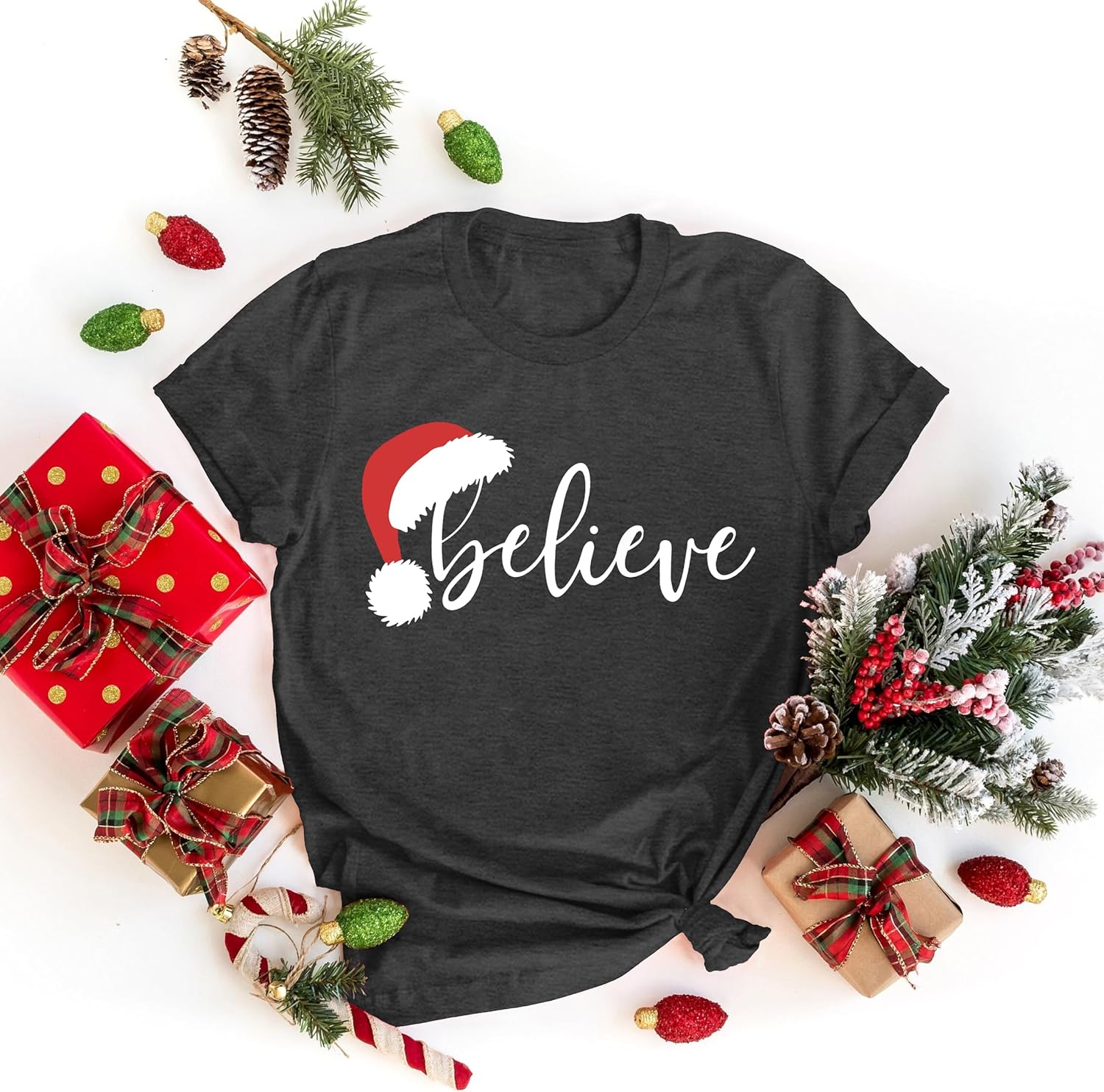 Believe Christmas Shirt for Women Christmas Tree Graphic T-Shirts Believe Letter Print Tees Holiday Tops - Image 3