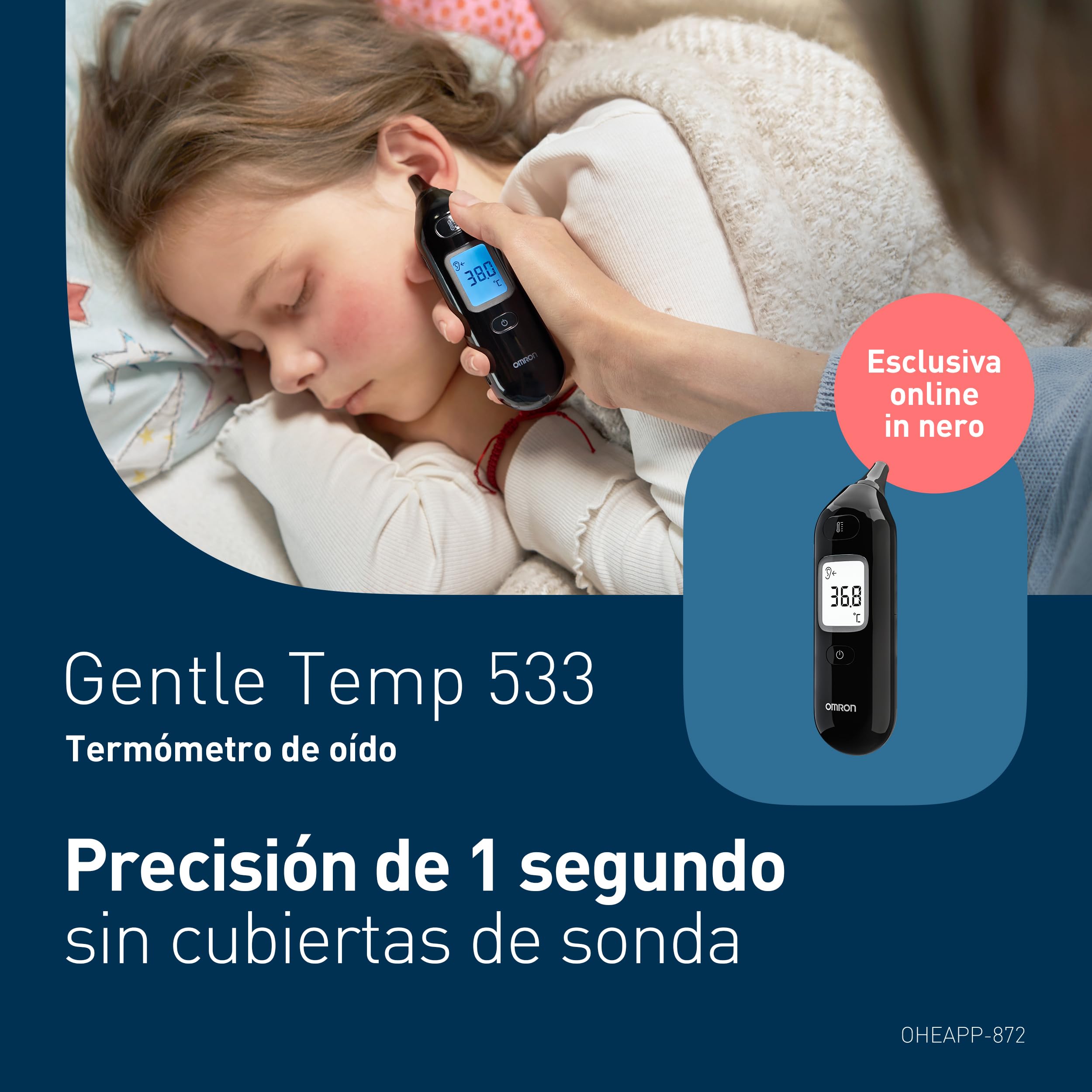 OMRON Gentle Temp 533 Termómetro digital – Termómetro oído bebé e infantil, termómetro infrarrojos sin cubiertas de sonda, medición 1 segundo, preciso, silencioso, memoria 30 lecturas, negro