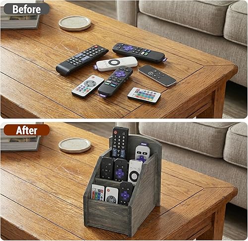 Miniatura 2 de MyGift Organizador rústico de madera gris oscuro con 3 compartimentos, caja de almacenamiento remoto para TV y medios para sala de estar