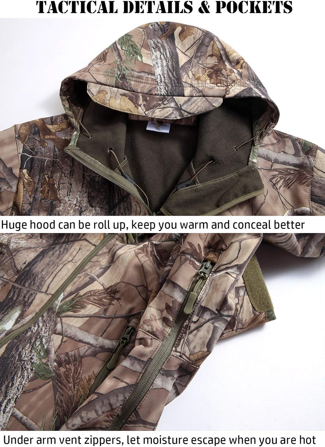 ReFire Gear Men's Soft Shell Military Tactical Jacket Outdoor Camouflage Hunting Fleece Hooded Coat - Image 5