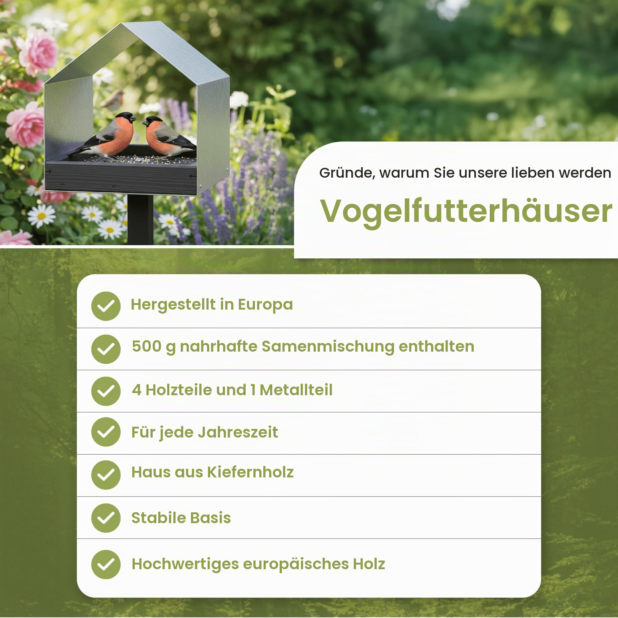 PATKAR Vogelhaus Futterhaus für Vögel mit Ständer aus Kieferholz und Verzinktes Blech - Vogelfutterhaus Vogelfutterstation für Wildvögel Vogel Futterstation + 500g Futter Gratis