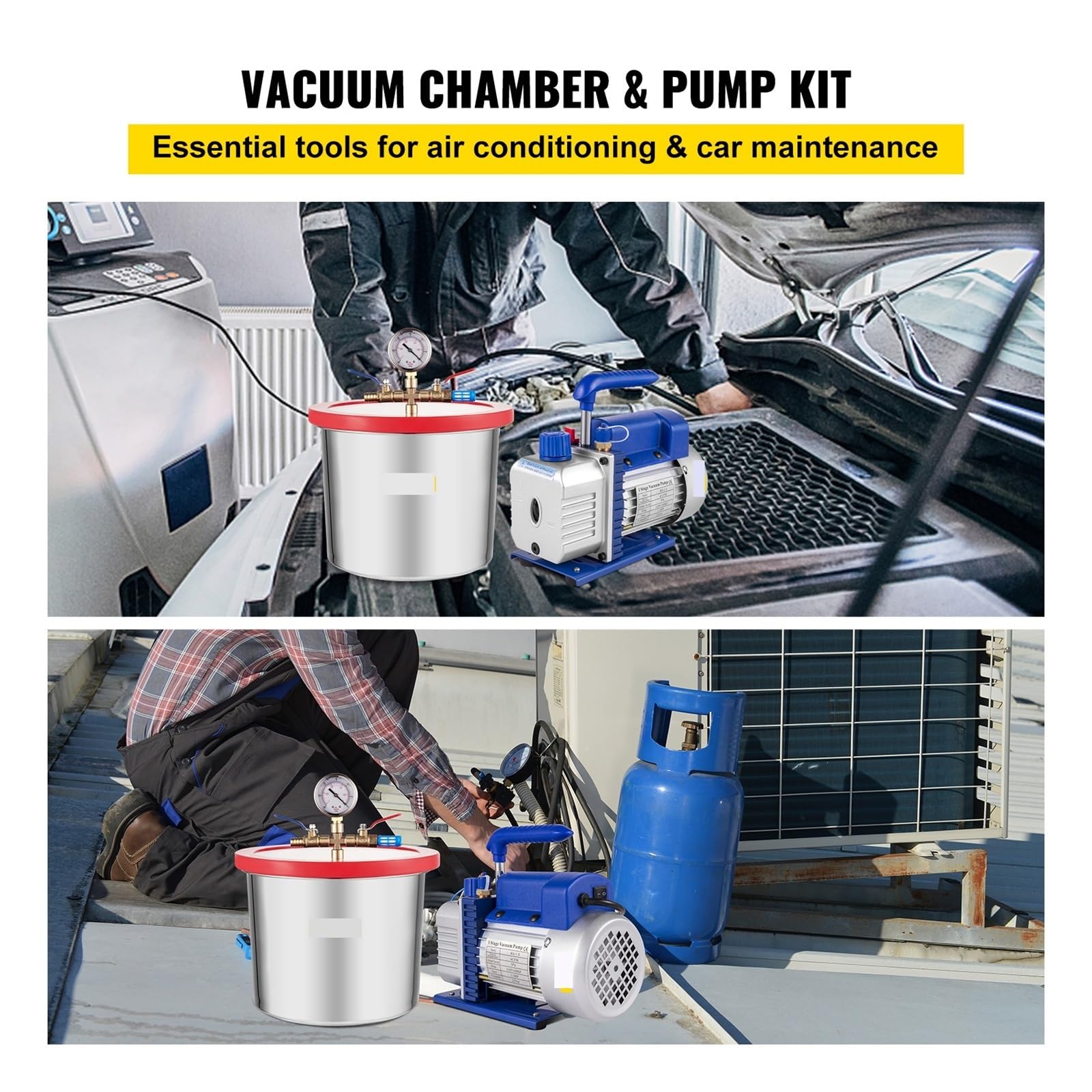 Vakuumpumpe, Vakuumpumpe, 4CFM 1/3 PS HVAC-Kältemittel-Vakuumpumpenkühlung mit Vakuumkammer-Entgasungsset for Haushaltsklimaanlagen