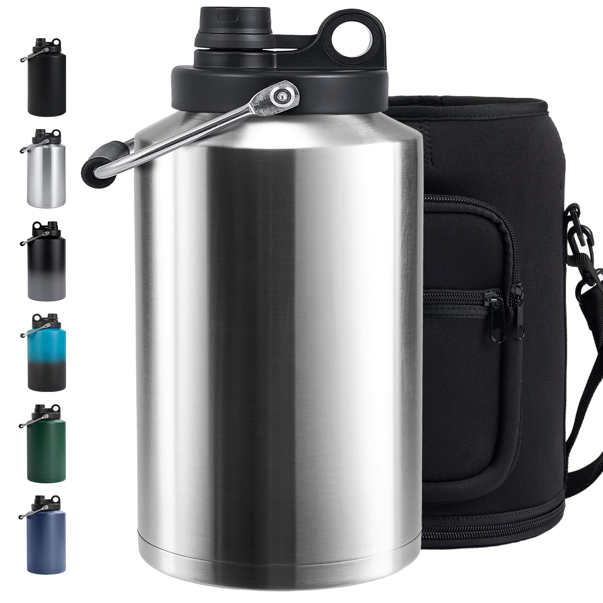 Insulated Gallon Jug with Handle, One Gallon, 128oz Stainless Steel, Large Double Vacuum Water Bottle for Cold Drinks, Wide Mouth, Sweat Proof, Carrier bag, Great for Travel, Camping, Stainless