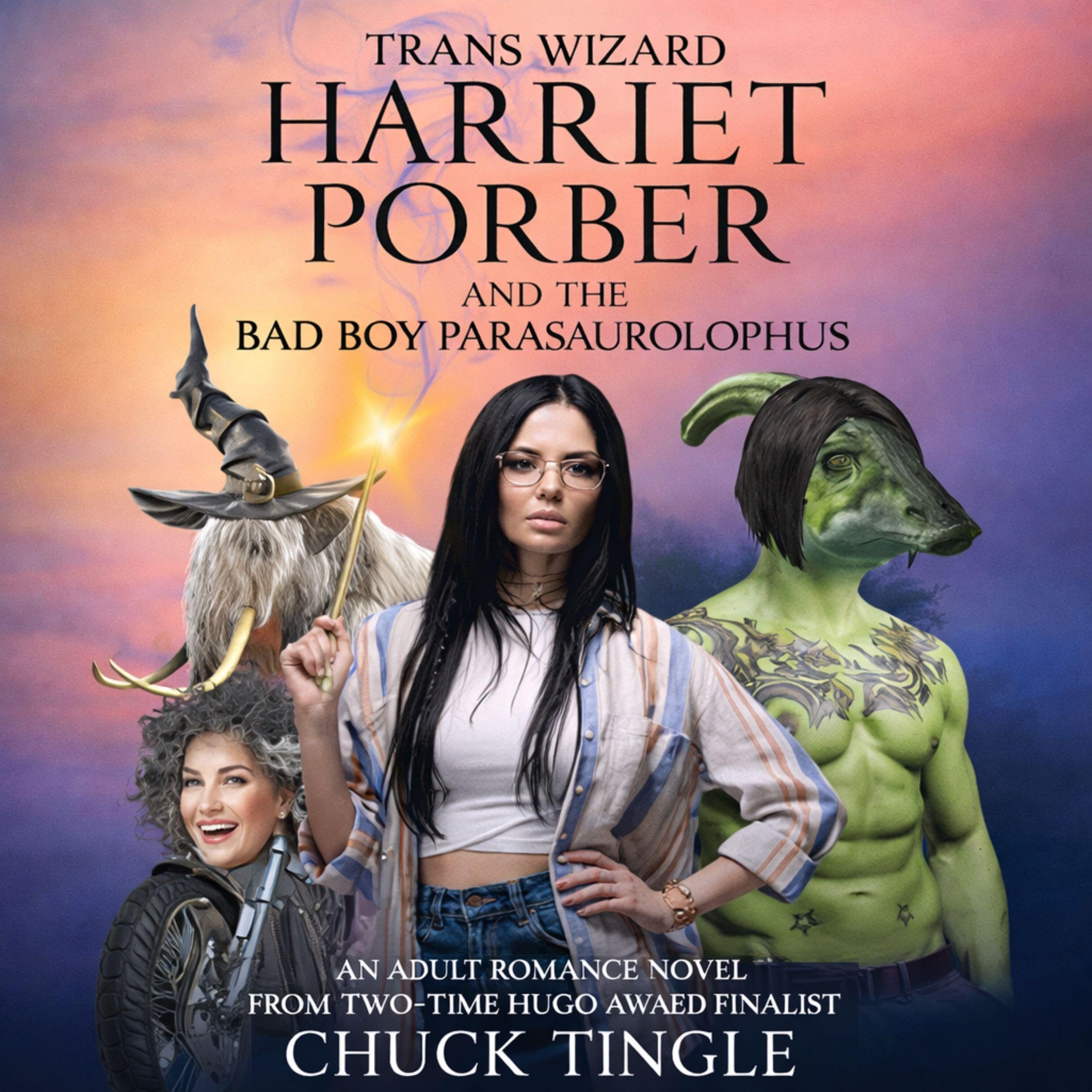 Cover art for Trans Wizard Harriet Porber and the Bad Boy Parasaurolophus
