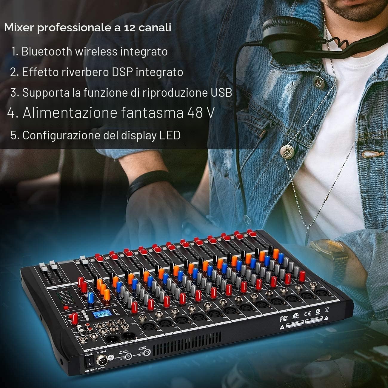 Depusheng DA12 Interfaccia controller audio DJ con unità USB per registrazione su computer Mixer audio da studio a 12 canali Jack microfono XLR alimentazione 48V ingresso/uscita RCA