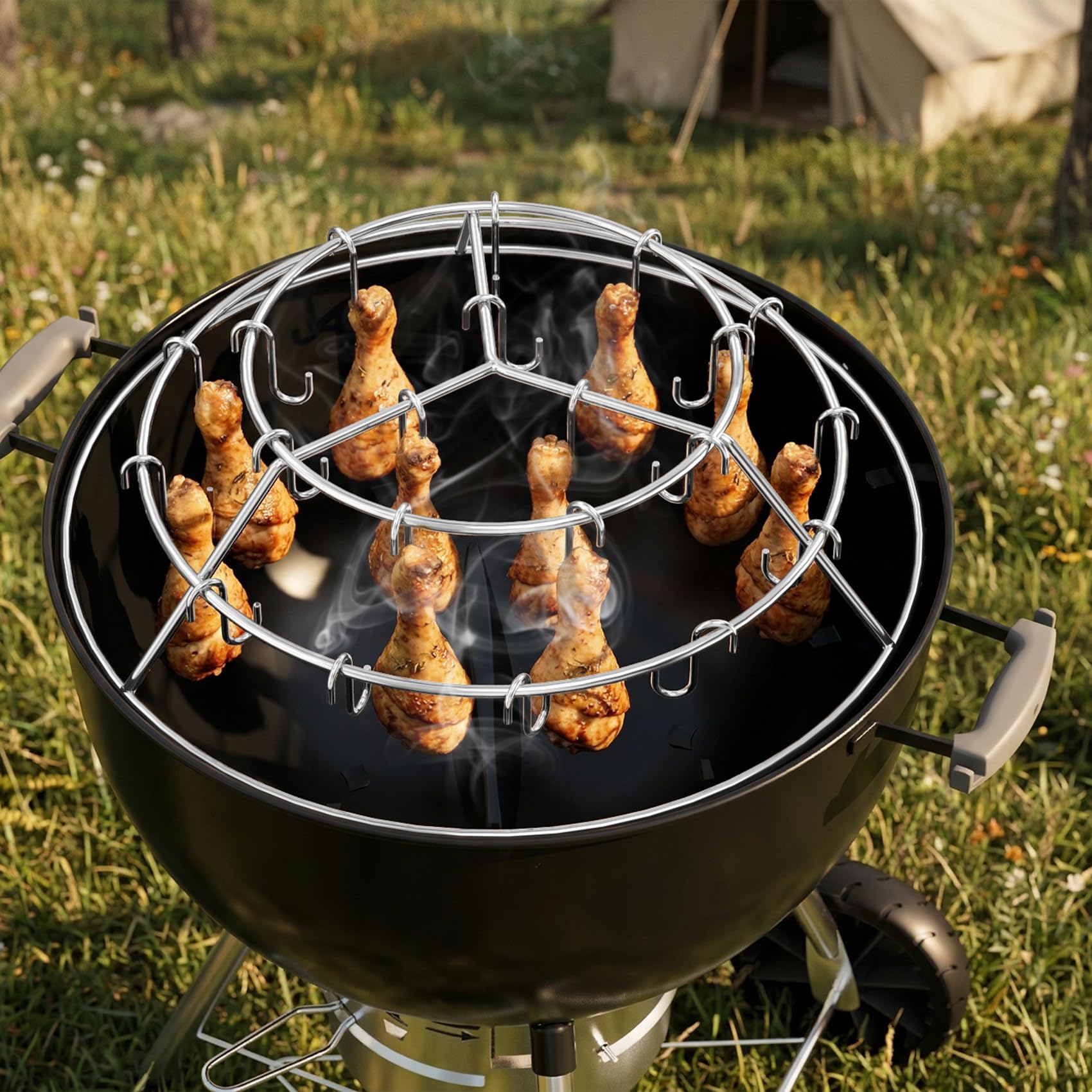 onlyfire Anello a 3 Livelli per Arrosto con 24 Ganci per Affumicare, Ideale per Affumicare Speck, Gros o Ali di Pollo, Compatibile con Il Fornello Weber WSM Cooker & Weber Kettle Grill da 57 cm
