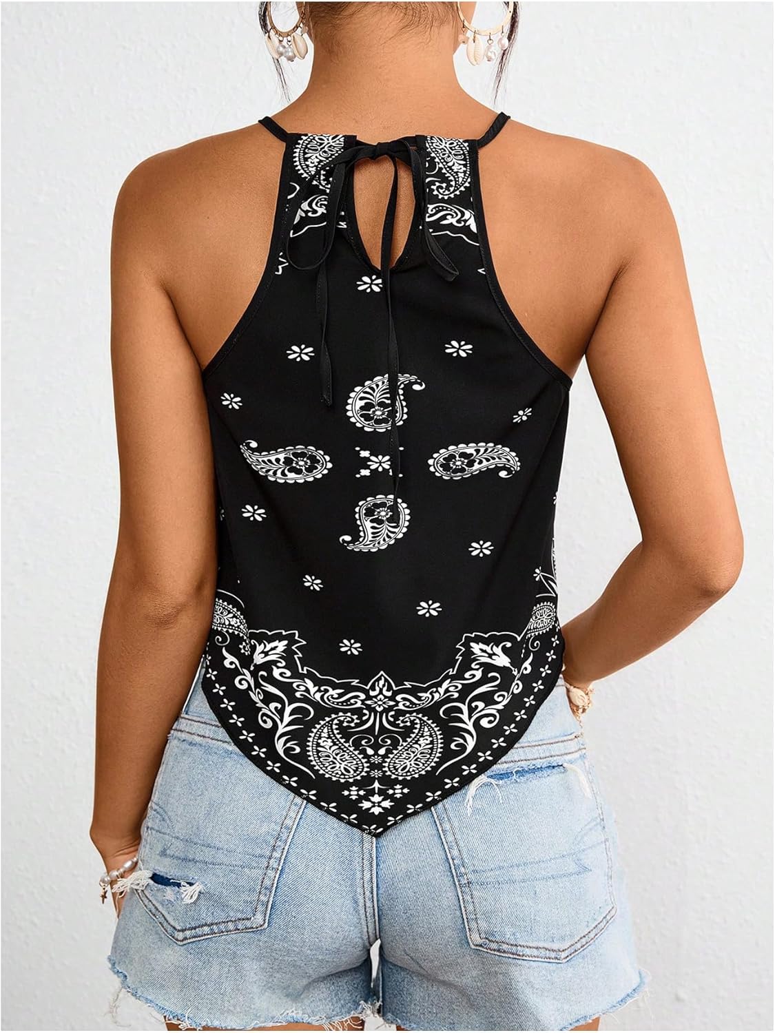 MakeMeChic Women's Paisley Print Halter Top Sleeveless Tie Back Going Out Tank Tops - Image 2