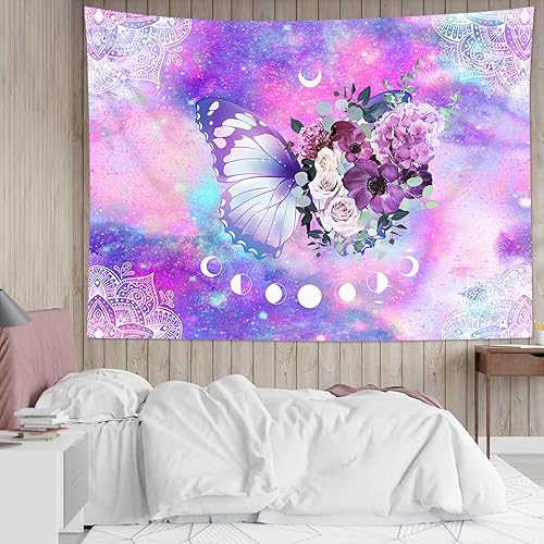 Miniatura 2 de HVEST Tapiz de pared, diseño de mandala psicodélico, diseño de mariposa, fase lunar, color rosa, para dormitorio, plantas florales, estética