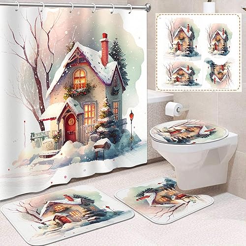 Emvency Juego de 4 cortinas de ducha de Navidad, cortina de ducha de acuarela con alfombras antideslizantes, cubierta para tapa de inodoro y tapete