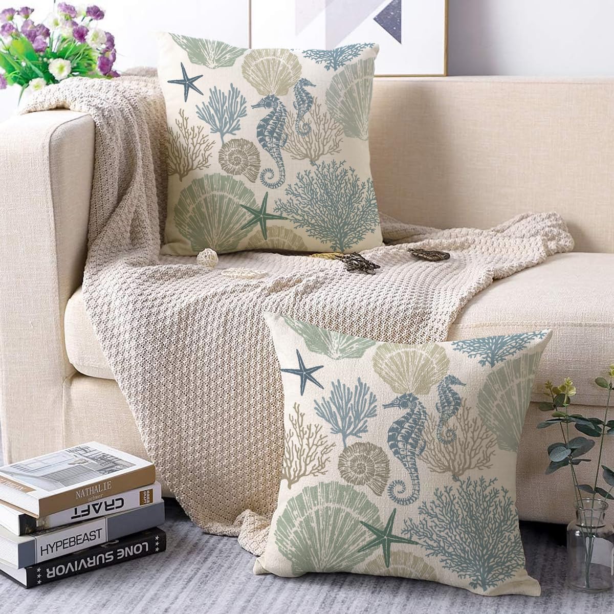 Miuyunya Set of 2 Outdoor Cushions 30 x 50 cm Weatherproof Blue Maritime Cushion Cover Spring Summer Waterproof Cushion Covers Retro Starfish Hippocampus Sofa Decorative Cushion Cover for Garden Sofa - Image 2