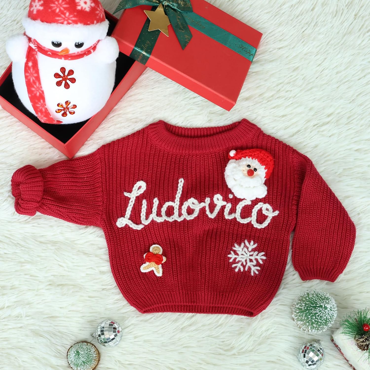 Personalized Christmas Baby Name Sweater, Custom Hand Embroidery Name Knit Pullover, Cute Christmas Jumper for Toddlers Kids Boys Girls, Xmas Gift