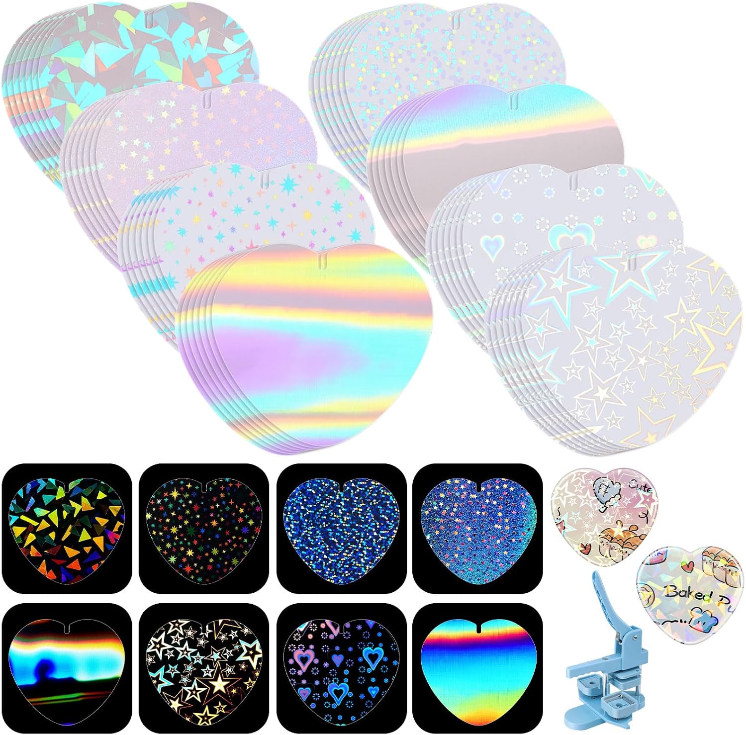 200 Pcs Pin Button Maker Supplies Holographic Film 57 Mm, Heart, 8 Styles