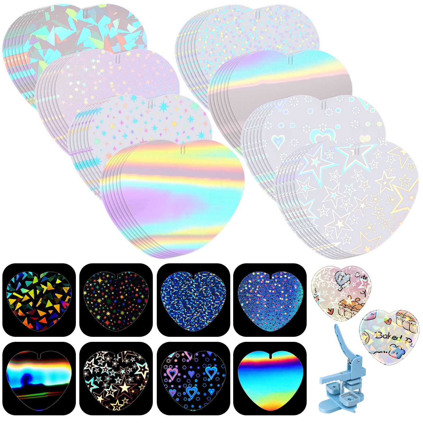 200 Pcs Pin Button Maker Supplies Holographic Film 57 Mm, Heart, 8 Styles