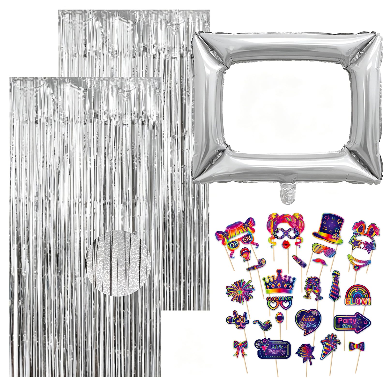 33Pcs Photo Booth Props Set, 1Pcs Inflatable Photo Booth Frame & 2Pcs Metallic Tinsel Curtains & 30Pcs Funny Selfie Props Accessories for Birthday Wedding Party Decorations for Men Women, Silver