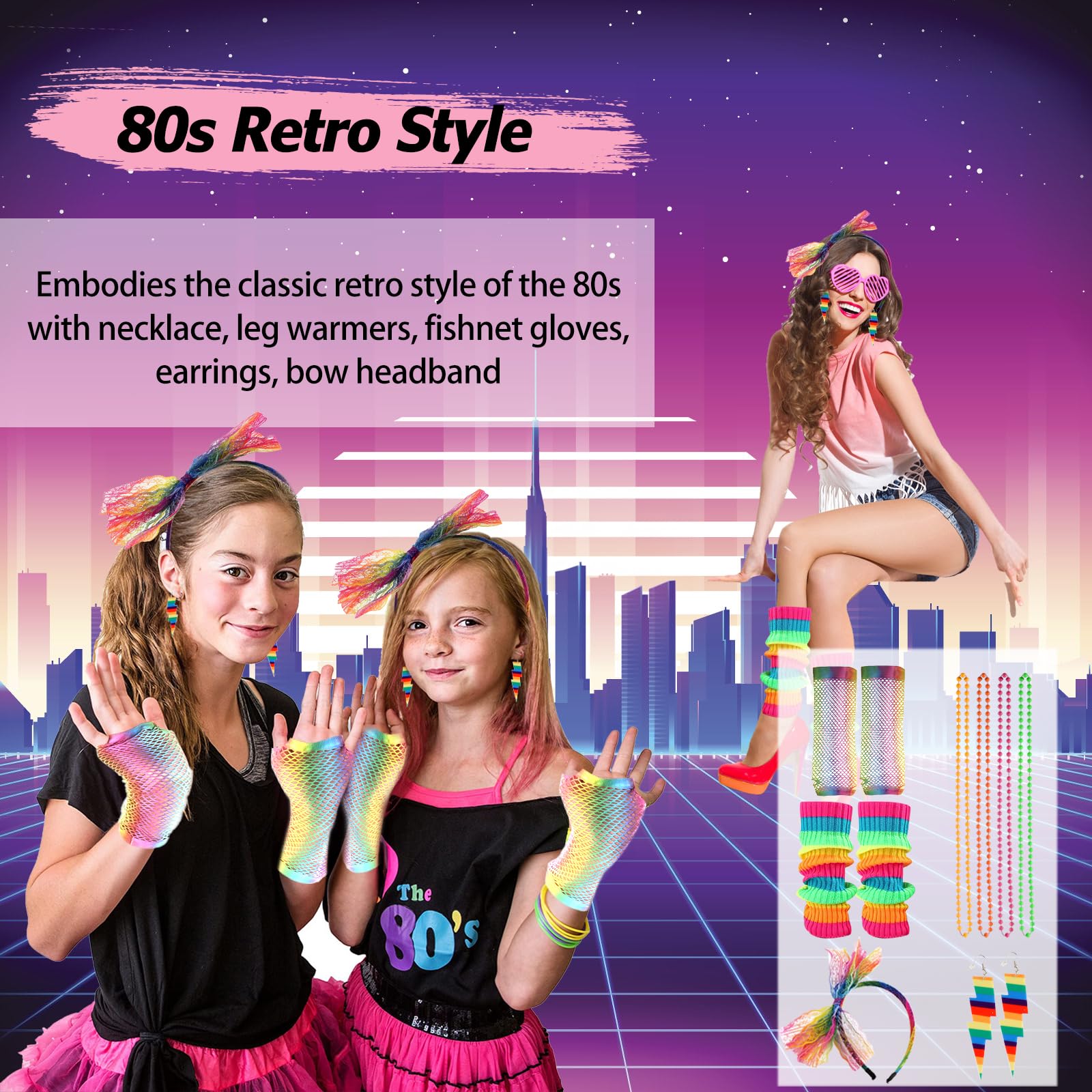 80s Fancy Dress for Women, Neon Party Accessories, 13Pcs 80s Accessories  for Ladies with Necklace Fishnet Gloves Leg Warmers Earrings Bow Headband,  Rainbow Costumes for Retro Outfit, Dress up Day - BigaMart