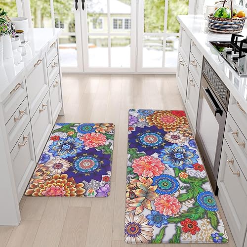 Miniatura 3 de ASPMIZ Juego de 2 alfombras de cocina bohemias antideslizantes, lavables, alfombras de cocina con diseño floral de granja, acolchadas y antifatiga,