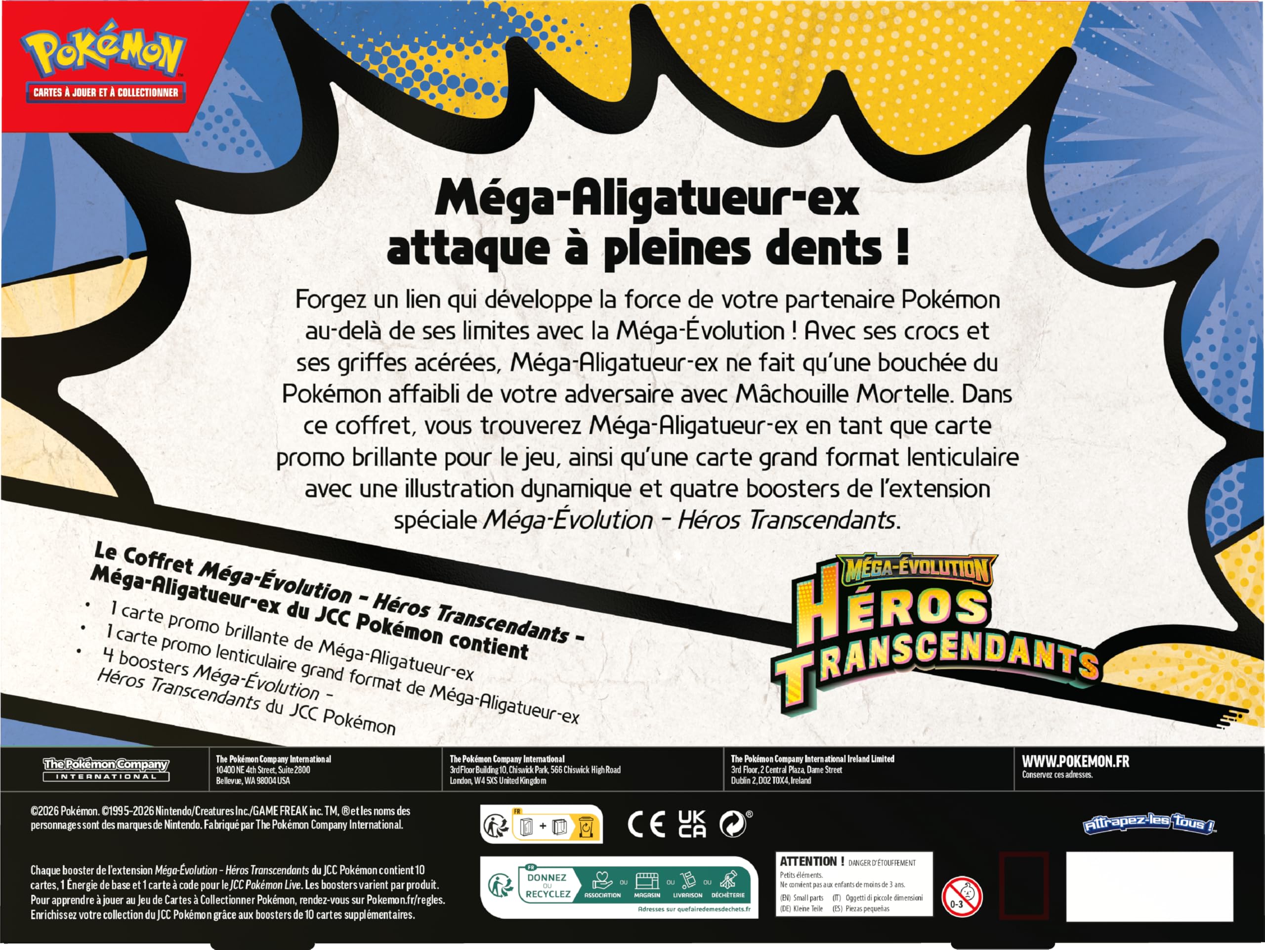 Pokémon : Coffret Méga-Évolution – Héros Transcendants – Méga-Aligatueur-ex (1 Carte Promo Brillante, 1 Carte Grand Format lenticulaire et 4 boosters)