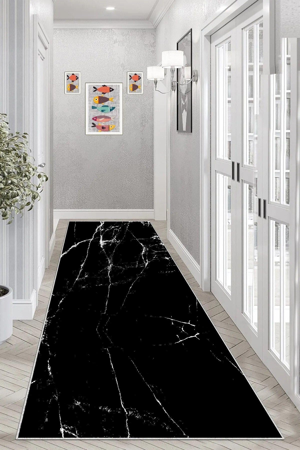 Pelangi Mermer Desenli Dijital Baskı Yıkanabilir Kaymaz Taban Modern Salon Halısı ve Yolluk, Siyah 80 x 600, 9554221806007