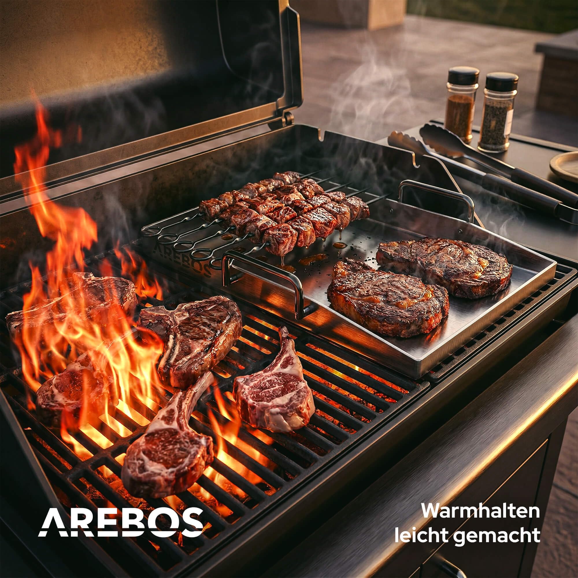 Arebos Plancha Grillplatte Edelstahl 40x30 cm | für Gasgrill, Holzkohlegrill & Camping | 4 mm massiv | 800 °C | LFGB | Fettablauf | 2 Grillspachtel & 5 Spieße | spülmaschinengeeignet