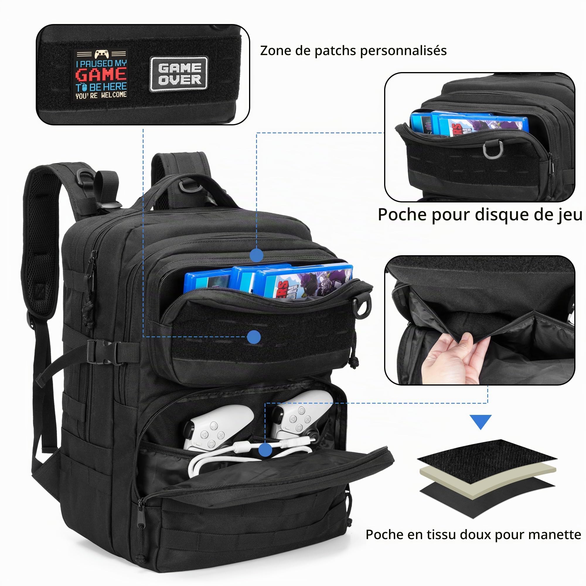 PGmoon Sac à Dos de Jeu Tactique Compatible avec Console PS5/PS5 Slim/PS4 | Sac de Rangement pour Ordinateur Portable 15,6", Moniteur Portable, Manette, Casque et Autres Accessoires de Jeu
