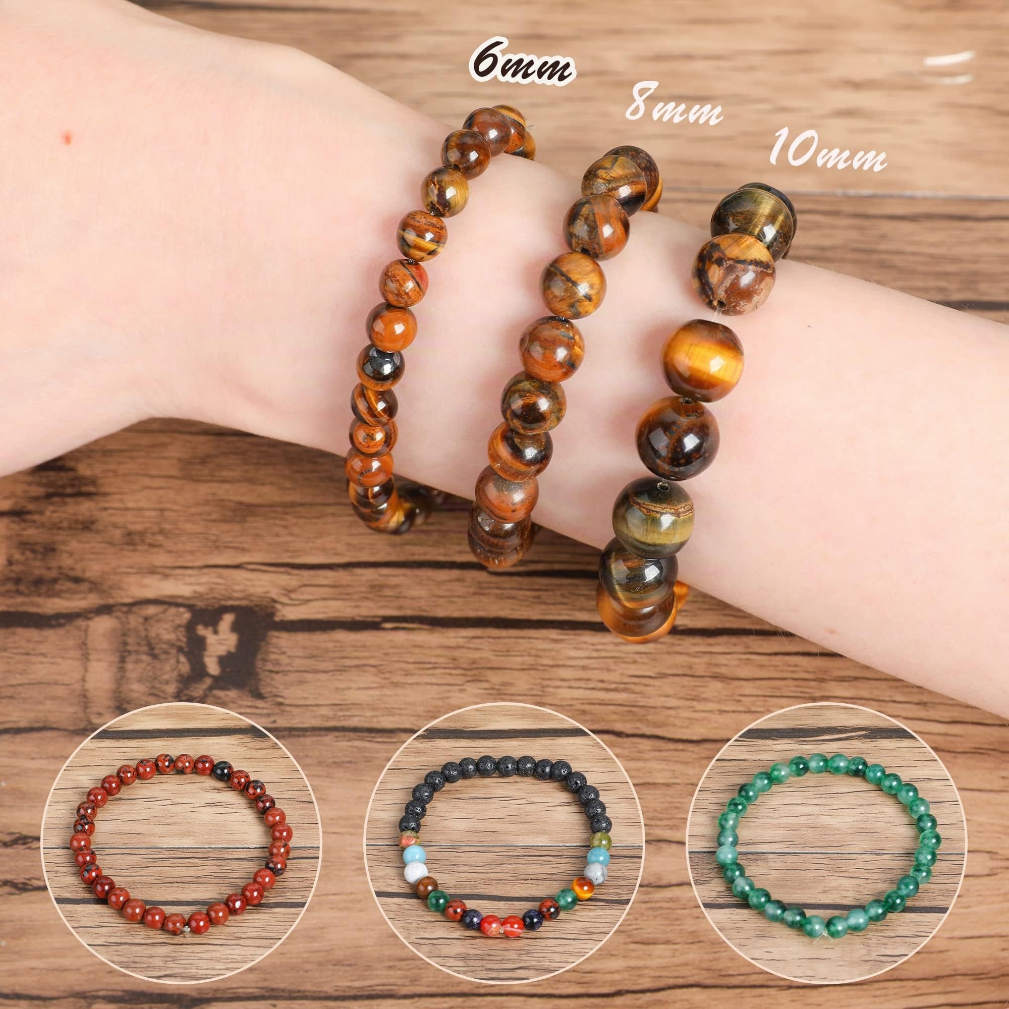 SOSMAR 300 Pietre Naturali Perline Tonde 6mm - Agata Rossa, Occhio di Tigre, Malachite, Acquamarina | Per Bracciali, Collane e Gioielli Fai da Te (10 Tipi di Perline in Pietra)