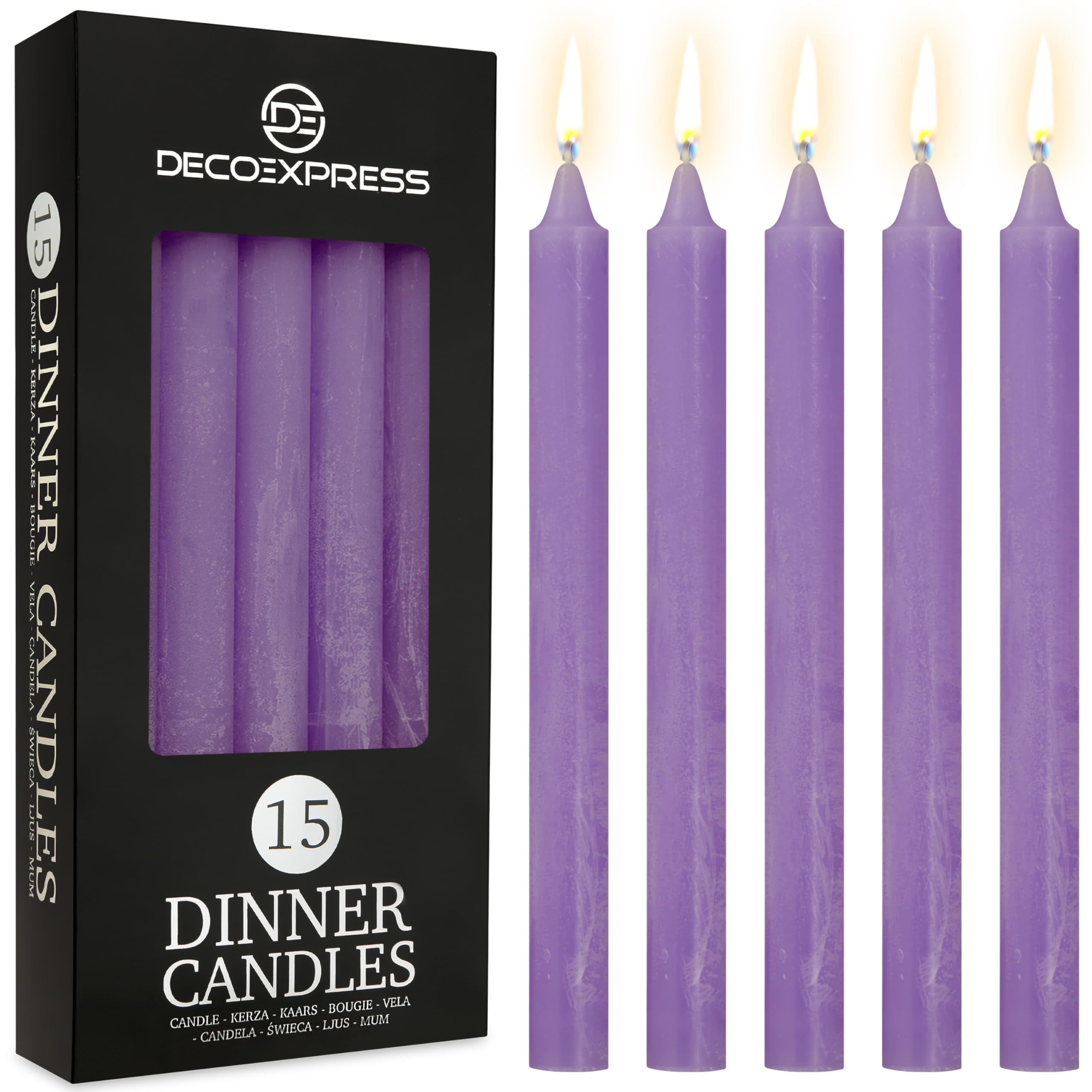 DECO EXPRESS Candele Coniche Set da 15 Candele Rustiche Fatte a Mano Candela Natalizia Durata di Combustione di 9 Ore Senza Profumo (Viola - Confezione da 15)