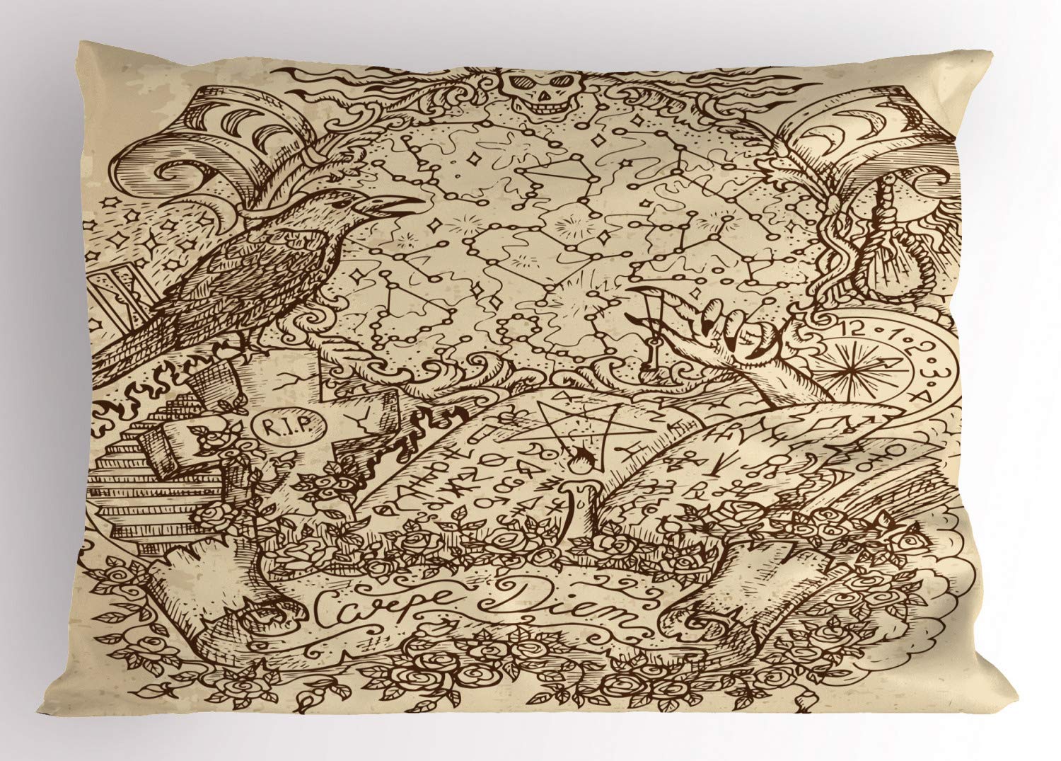 Lunarable Bohemian Pillow Sham Set of 2, Magic Map with Crown Skull Zodiac Constellations Grave System Grunge Style Print, Quality Microfiber Bedding Item for All Seasons, 26