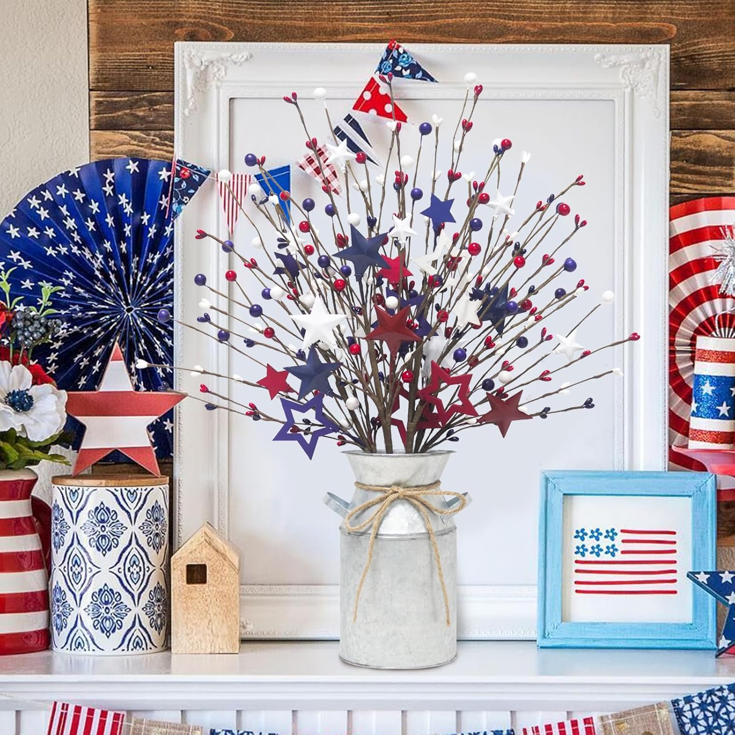 Uieke 4 Pcs 4th of July Decorations Patriotic Artificial Berry Stems Picks with Vase Red White Blue Star Shaped Berries Picks for Independence Day Party Supplies Table Home Office Party Decor
