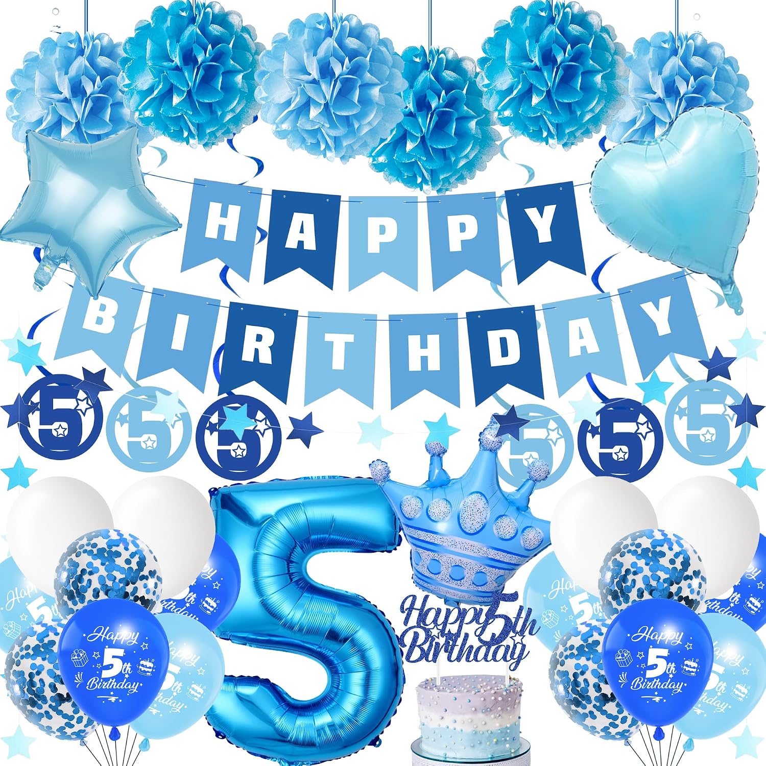 Birthday 5 Year Boy Balloon - 35 Pieces Blue Happy Birthday Banner Giant Foil Balloon Number Birthday Decoration Garland Cake Decoration Paper Pompoms Decoration for Boys 5 Year Party Decorations