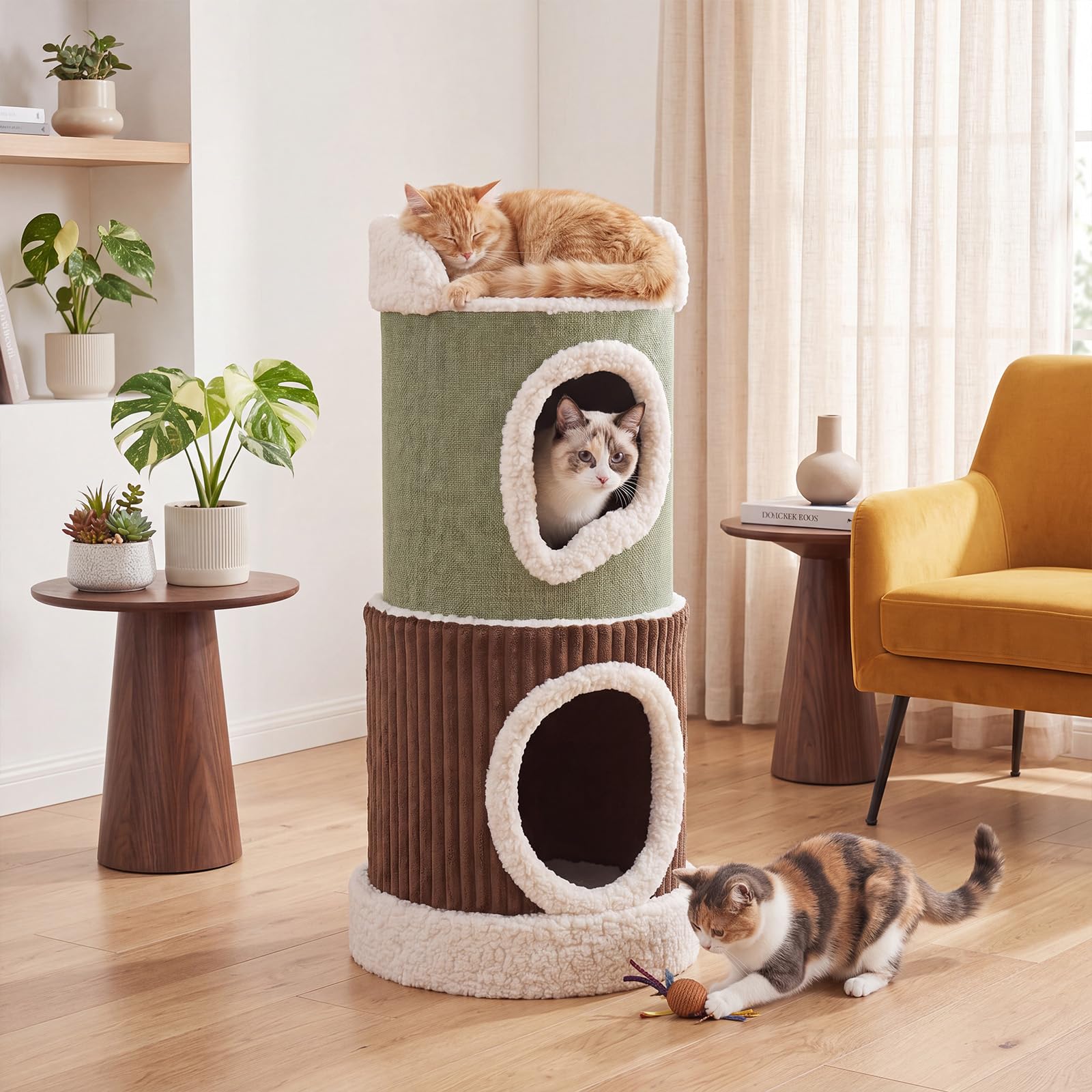 GOPLUS 85 cm Barril Rascador para Gatos de 3 Niveles | Árbol para Gatos con Plataforma Superior, 2 Cuevas, Centro de Actividad Acolchado para Mascotas, Dormitorio, Sala de Estar