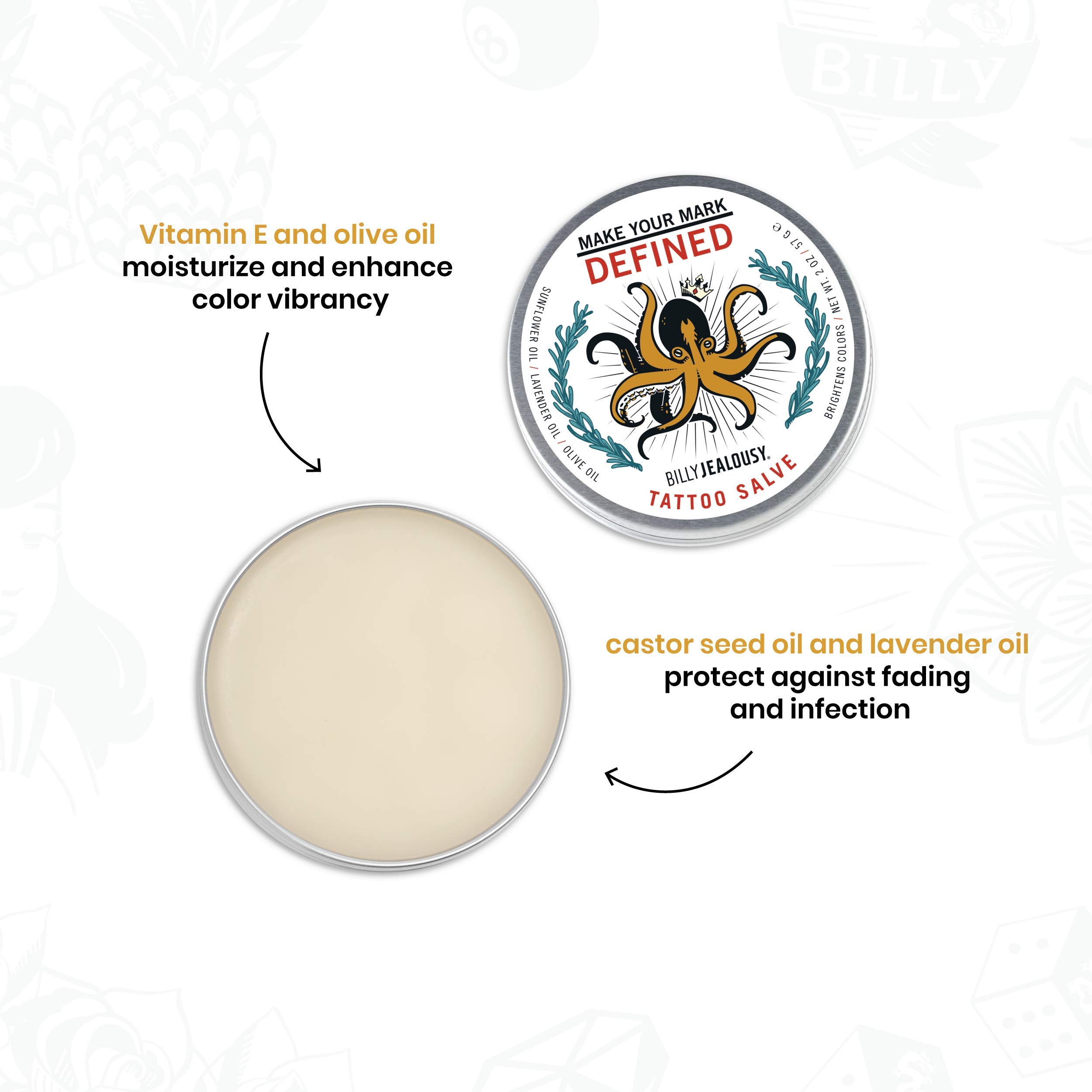 Billy Jealousy Make Your Mark Defined Tattoo Salve, Tattoo Aftercare with Vitamin E and Soybean & Lavender Oils, Protects, Deeply Nourishes, and Enhances Vibrancy, 2 oz