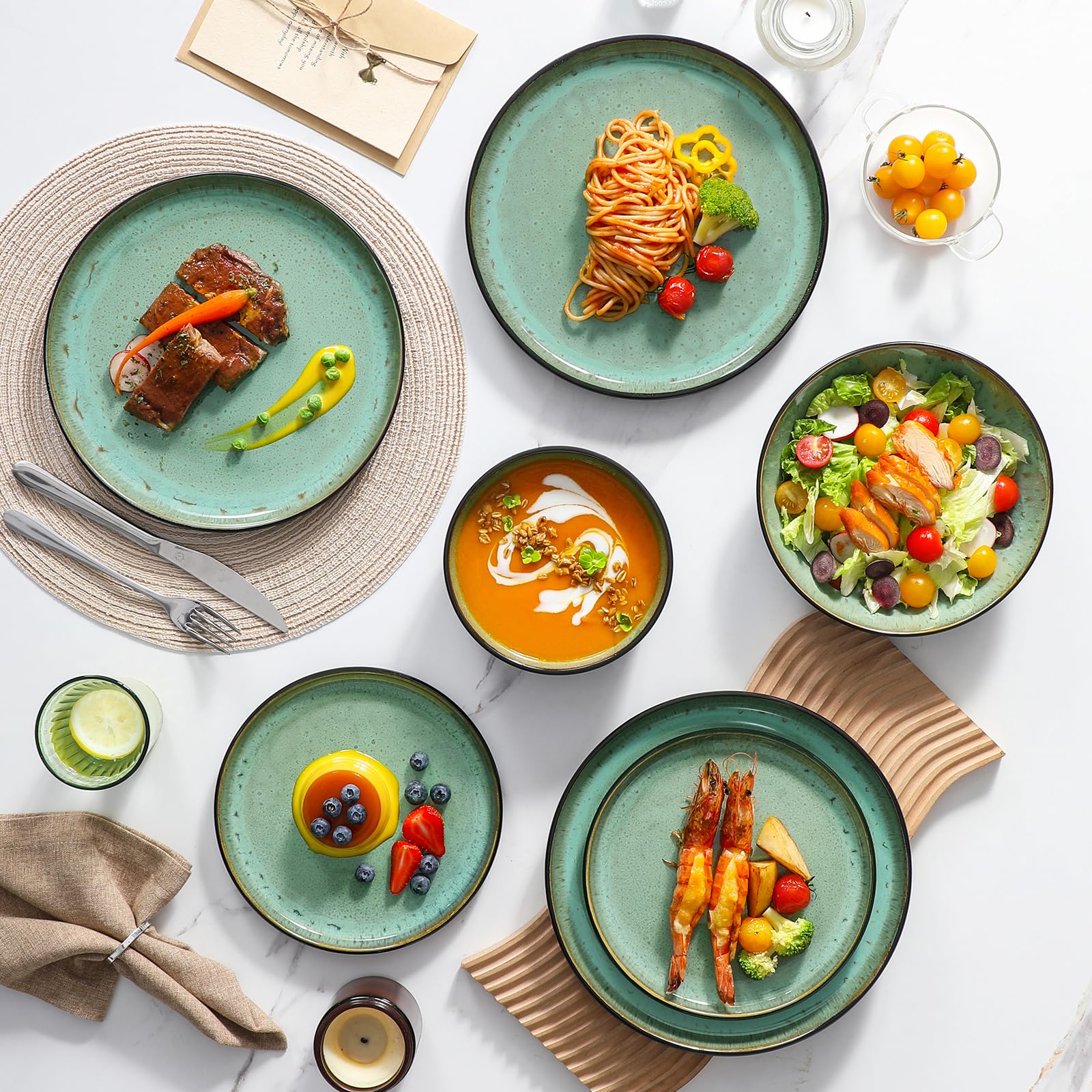 vancasso AMBER Service Vaisselle 6 Personnes, Ensemble Assiettes de Table 24 Pièces en Grès - Assiettes Plates, Assiettes à Dessert, Bols à Pâtes et Bols - Adapté au Micro-Ondes - Glaçure Vert