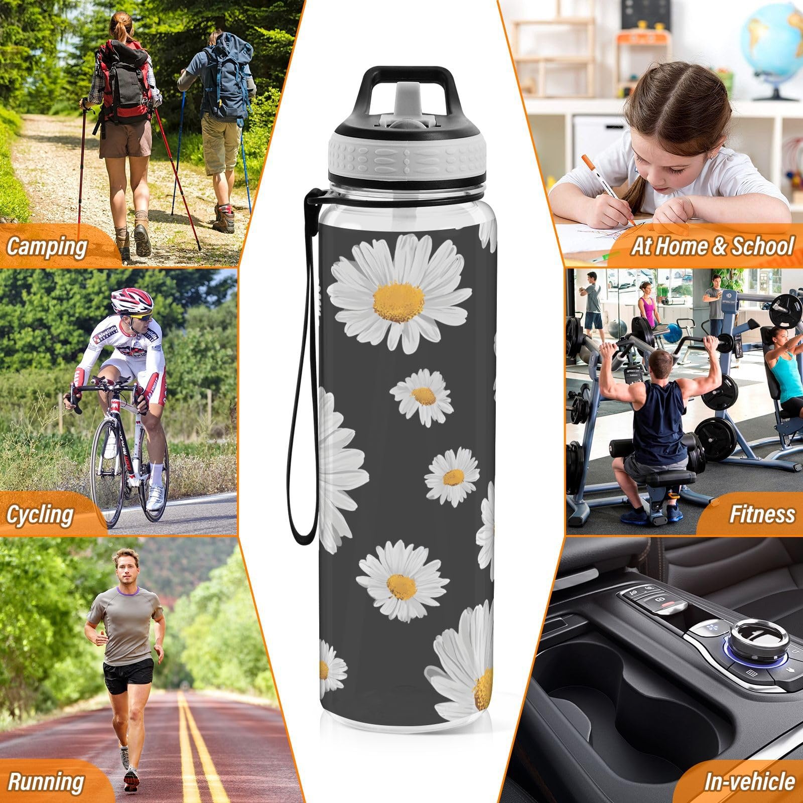 ALAZA Sport-Wasserflasche mit Gänseblümchen-Motiv, schwarzer Hintergrund, mit Strohhalm-Deckel, 900 ml, transparent, BPA-frei, Tritan-Kunststoff, auslaufsichere Krüge, großer Klappverschluss für