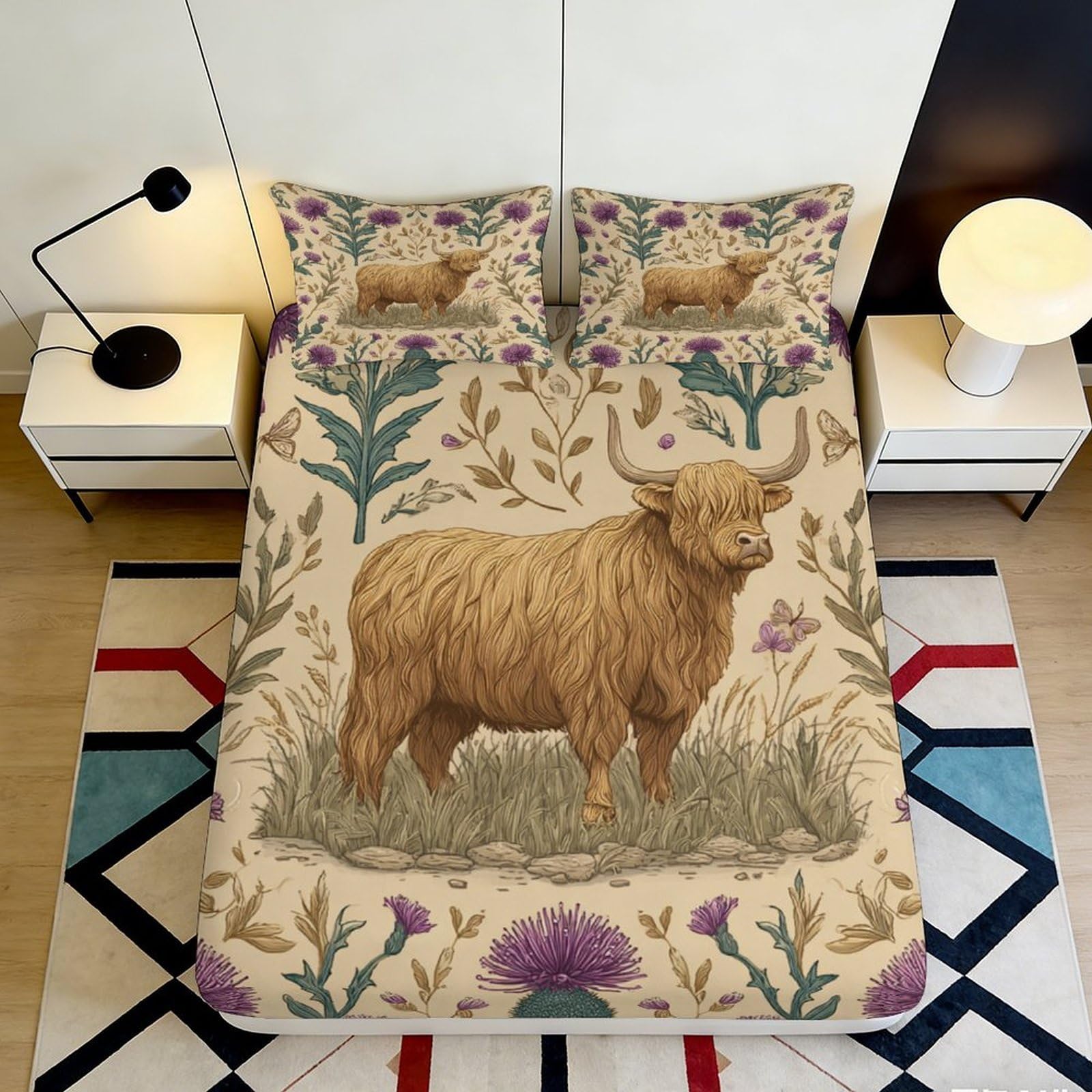 Pnayamiorkfel Style-10 3D Printed Highland Cow Floral Fitted Sheet Microfiber Anti-Slip Bed Sheet For Bedroom Guest Room Decor 90X200x25cm
