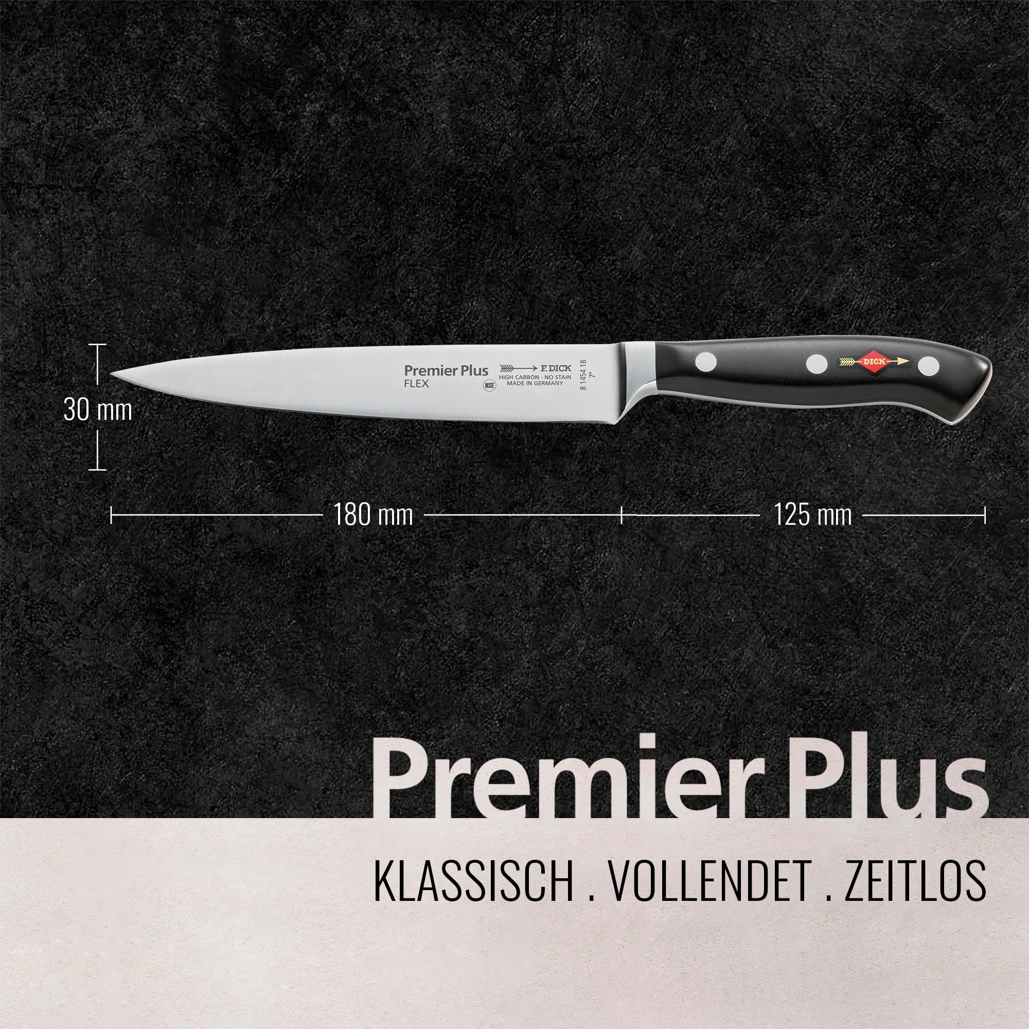 F. Dick Filetiermesser, Filiermesser, Premier Plus (Messer mit Klinge 18 cm, X50CrMoV15 Stahl, nichtrostend, 56° HRC) 81454182, Schwarz, 27x2x1 cm