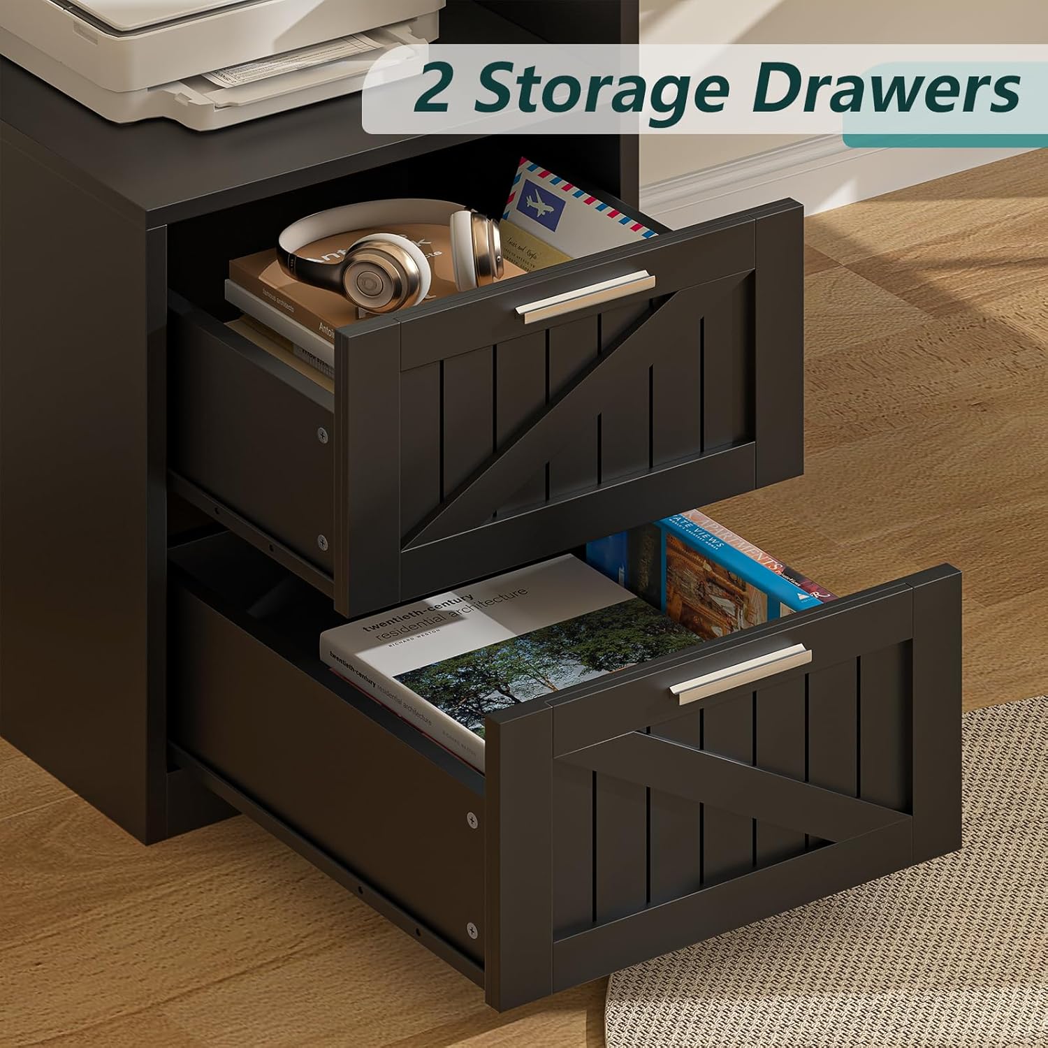 63" Farmhouse L Shaped Desk with Drawers & Storage Shelf, Corner Computer Desk with Power Outlets for Home Office, Executive Desk with Monitor Stand, Printer Shelf, Black